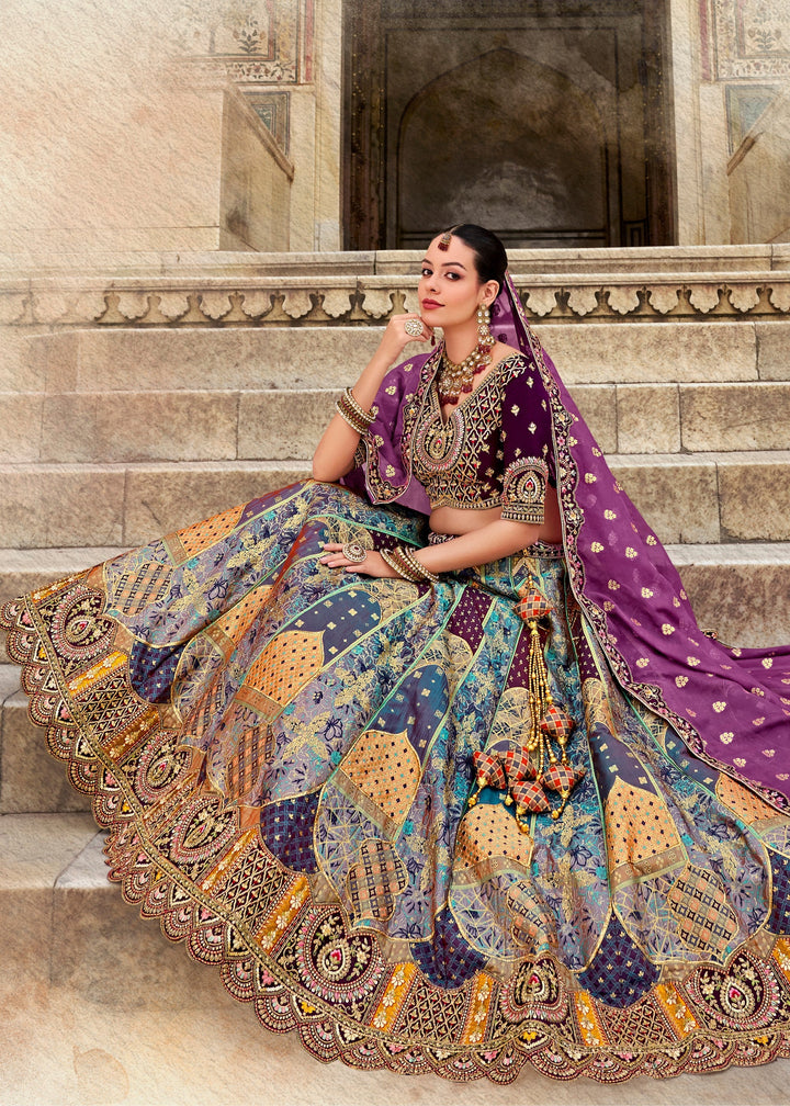 Mauve Purple & Blue Banarasi Silk Lehenga Choli with Zarkan, Sequence and Thread Work