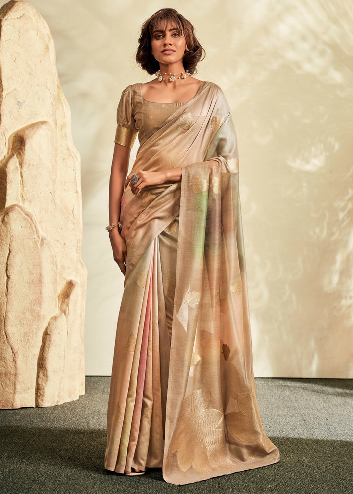 Beige Golden Handloom Khadi Silk with Digital Print