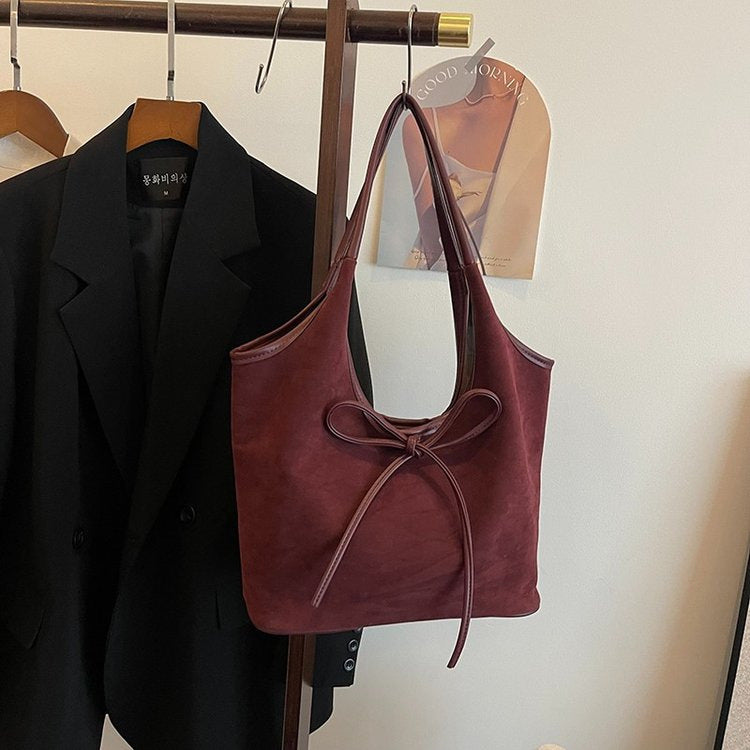 Women's Vintage Matte Tote Bag – Oversized Bow-Accent Shoulder Bag with Crossbody Strap