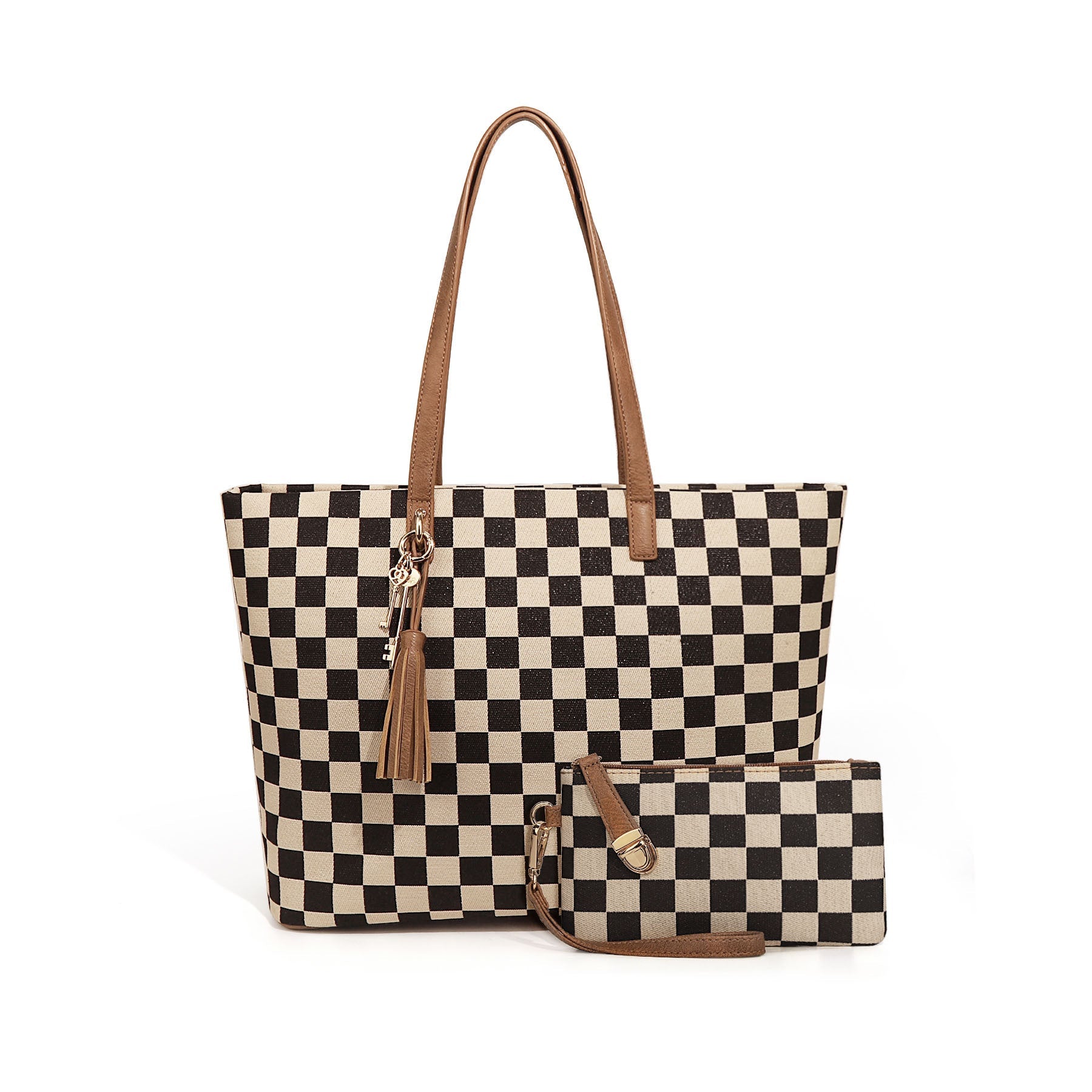 Ounamei Checkered Tote Bag for Women | Large Laptop Work Bag with Matching Pouch, Top Handle & Shoulder Carry