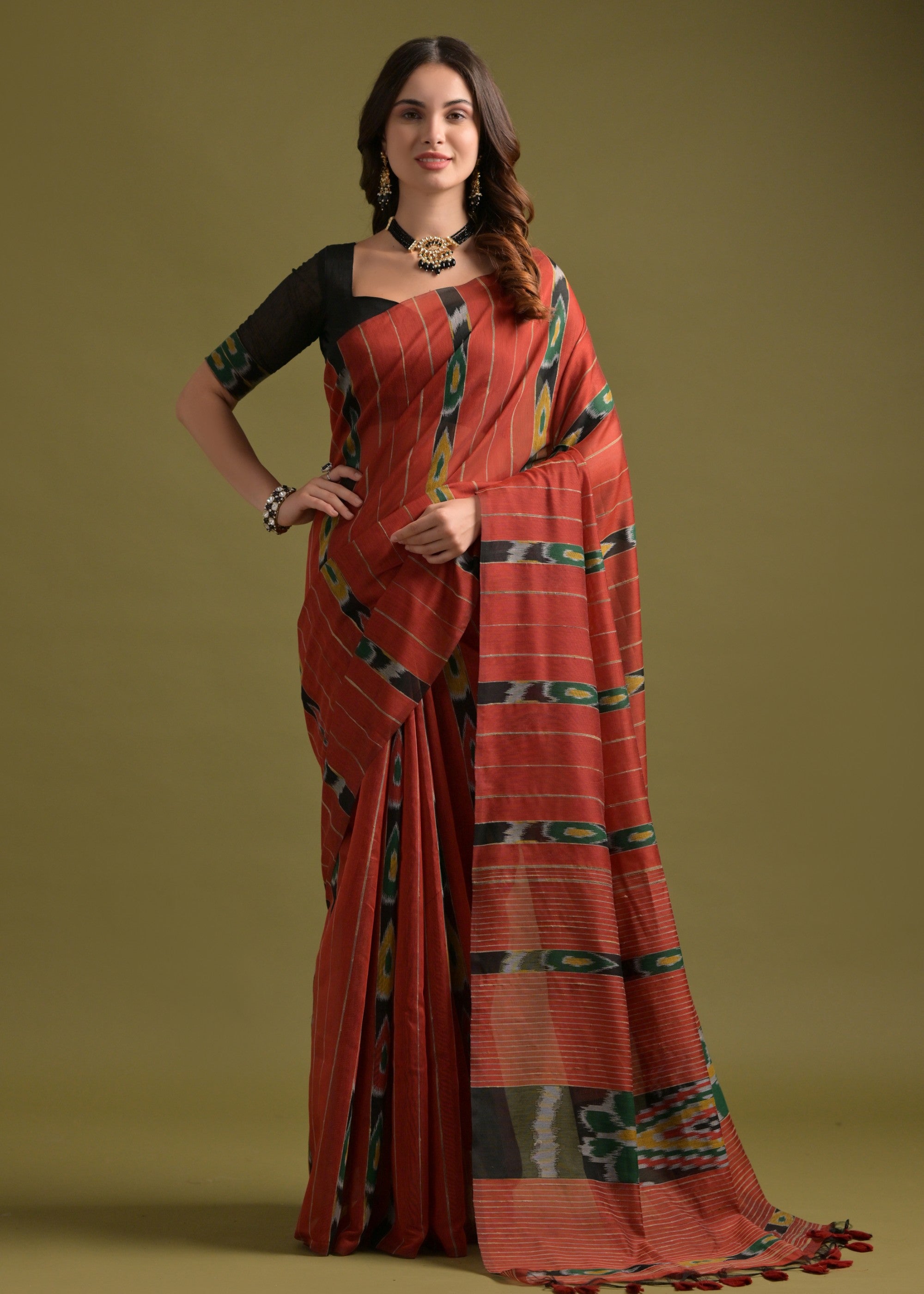 Vermilion Red Soft Ikkat Cotton Printed Saree - qivii
