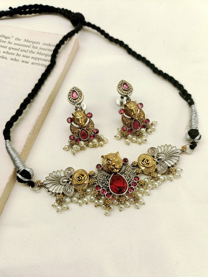 Akira Maroon Oxidized Choker Set