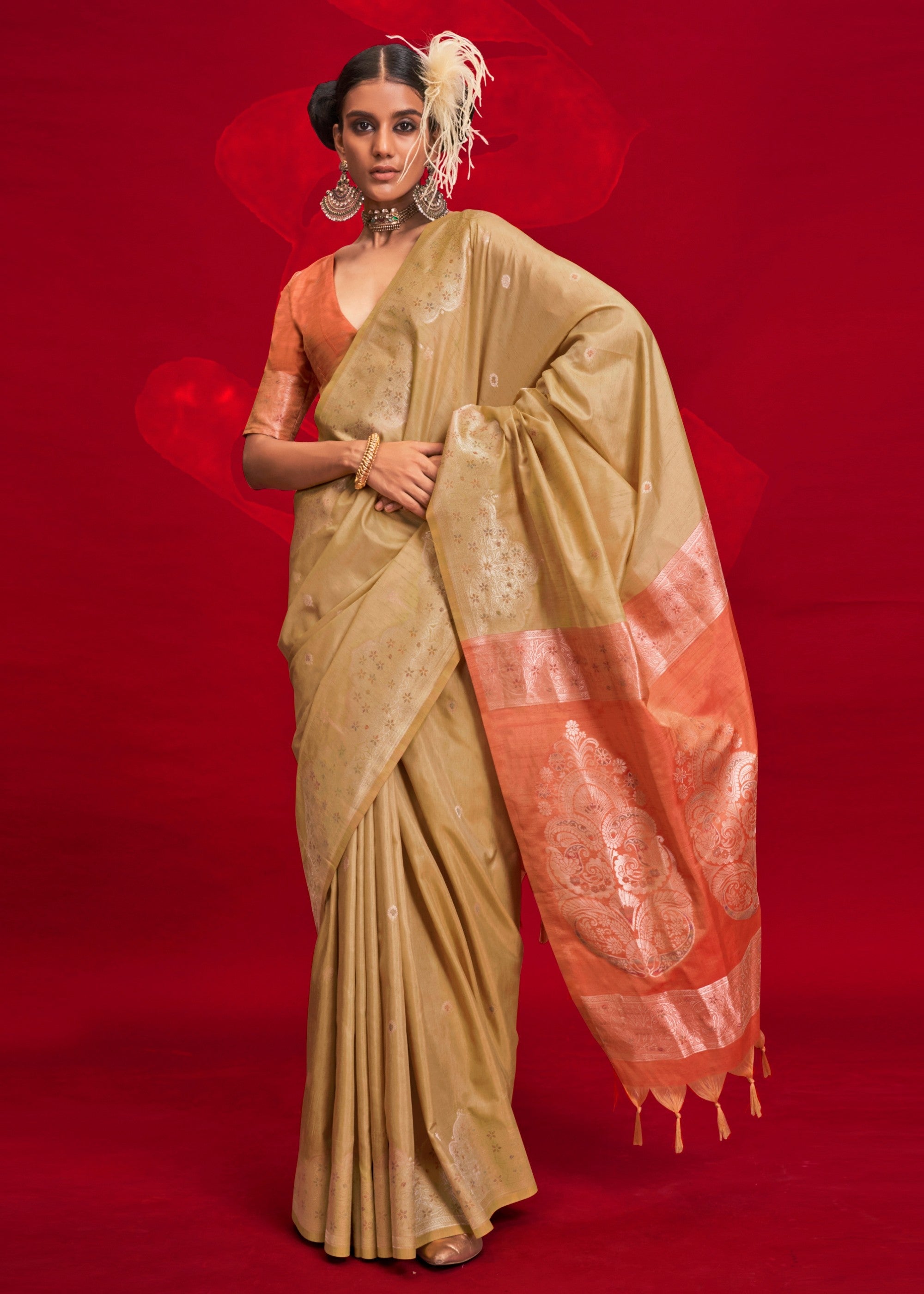 Mustard Tussar Silk Handloom Weaving Saree with Contrast Ikkat Pallu - qivii