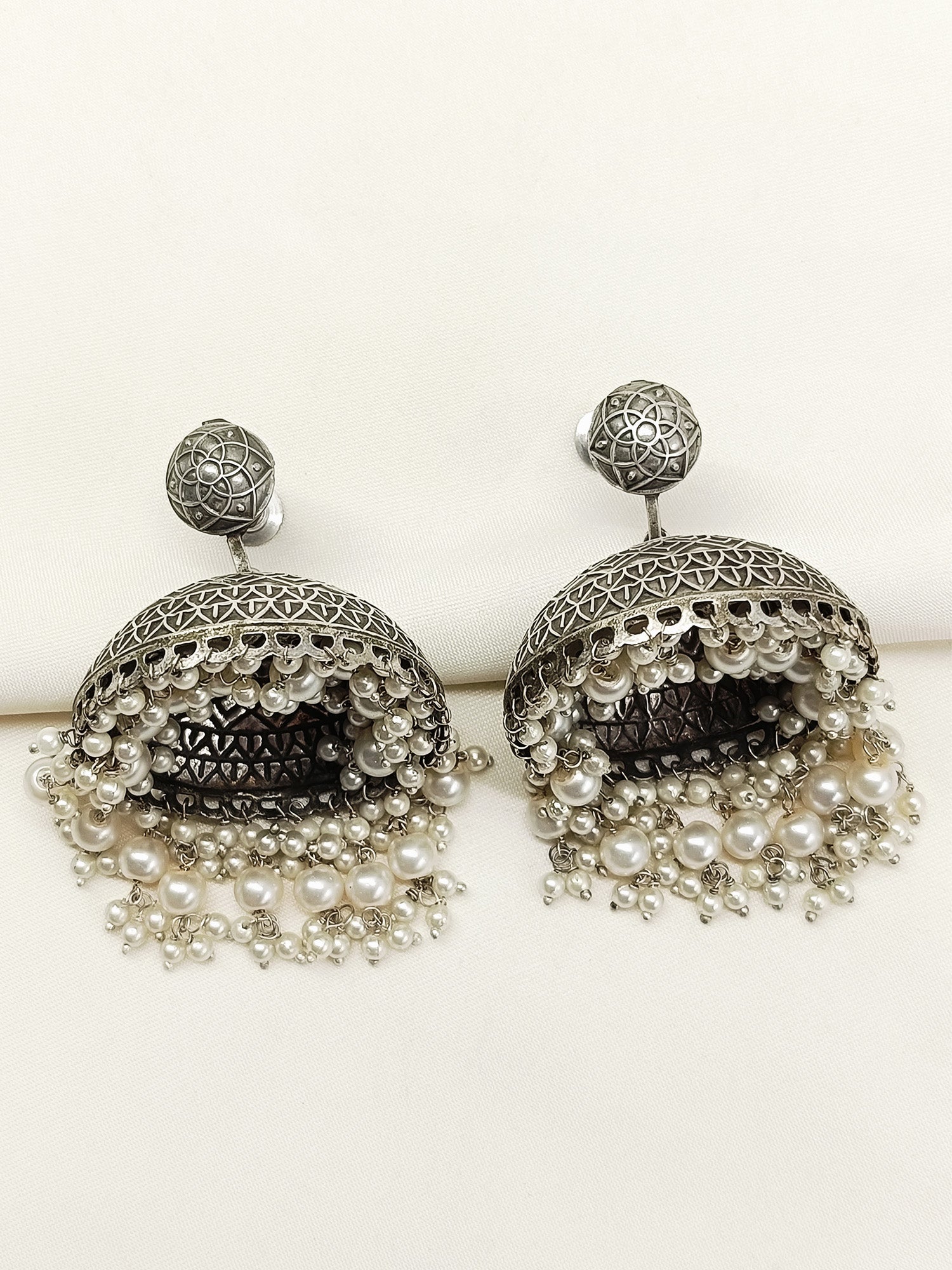 Agrima White Pearl Oxidized Jhumki