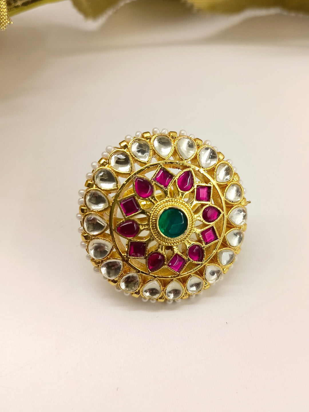  Elegant handcrafted Samidha Ruby Green Kundan Finger Ring featuring high-quality materials and traditional Indian design