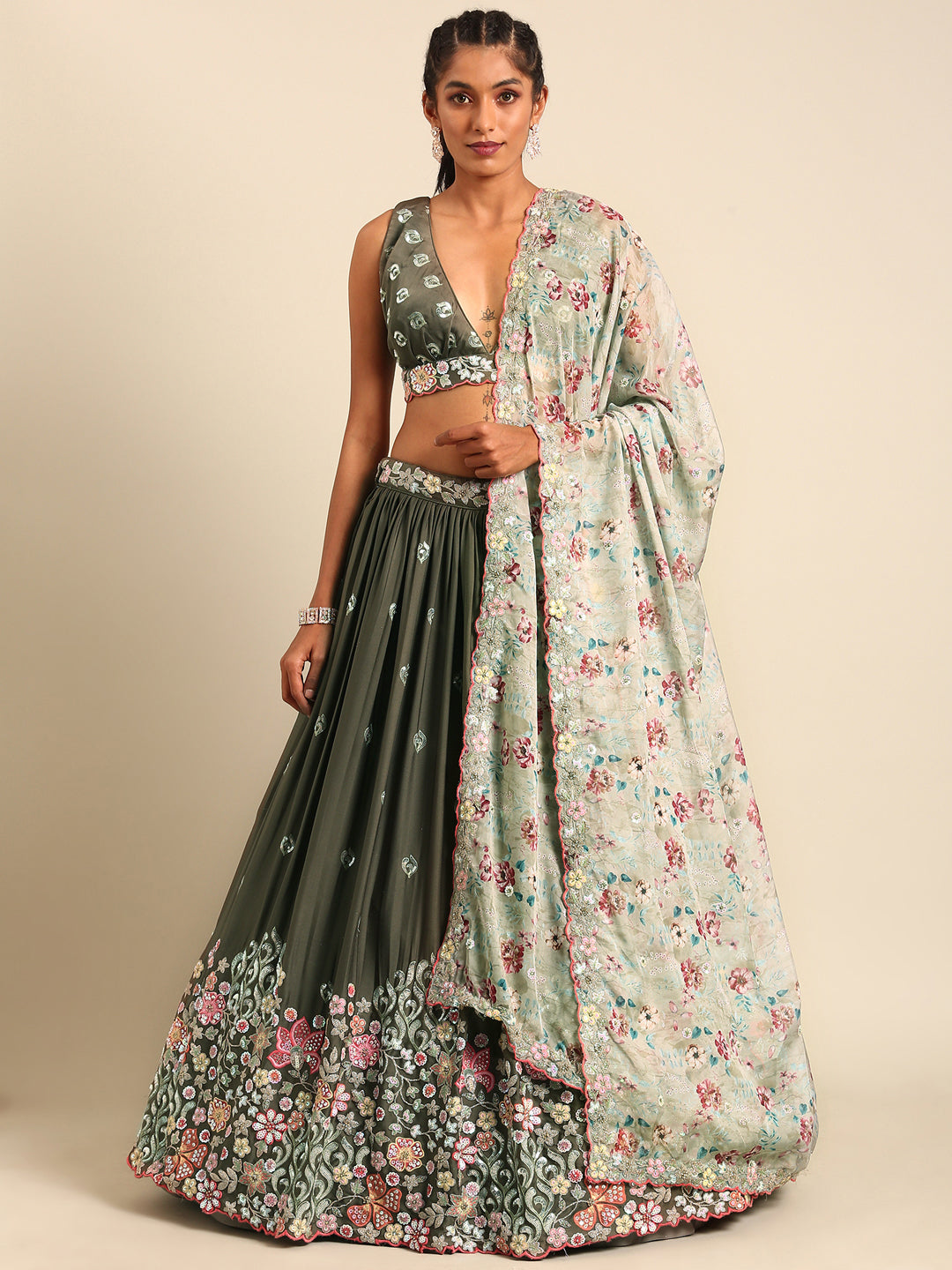 Multi-Color Sequins Coding Embroidered Chinon Stitched Lehenga Choli