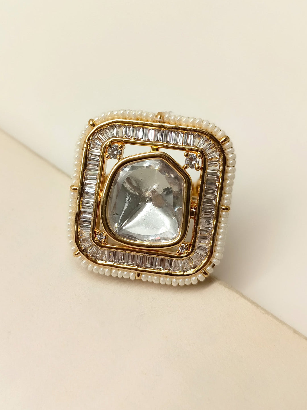 Beautiful Joy White Square Shape Kundan Finger Ring with intricate detailing and sparkling gemstones