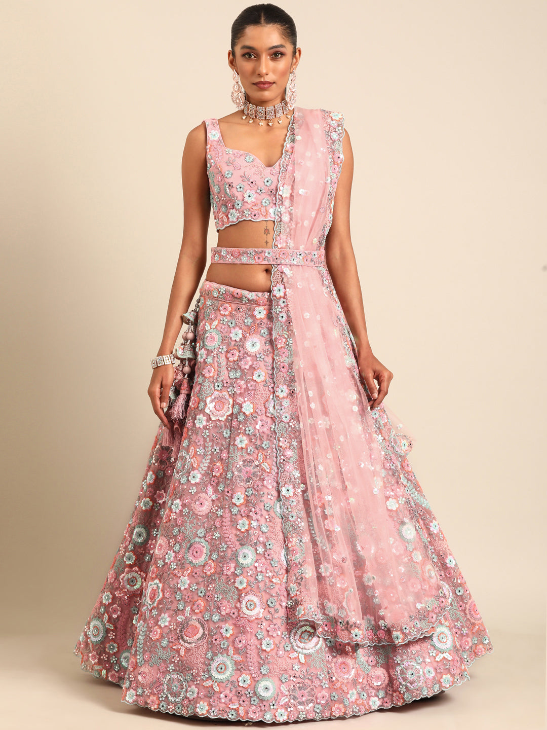 Rounded Embroiderey Multi-Sequins, Mirror and thread Embroidered Net Stitched Lehenga