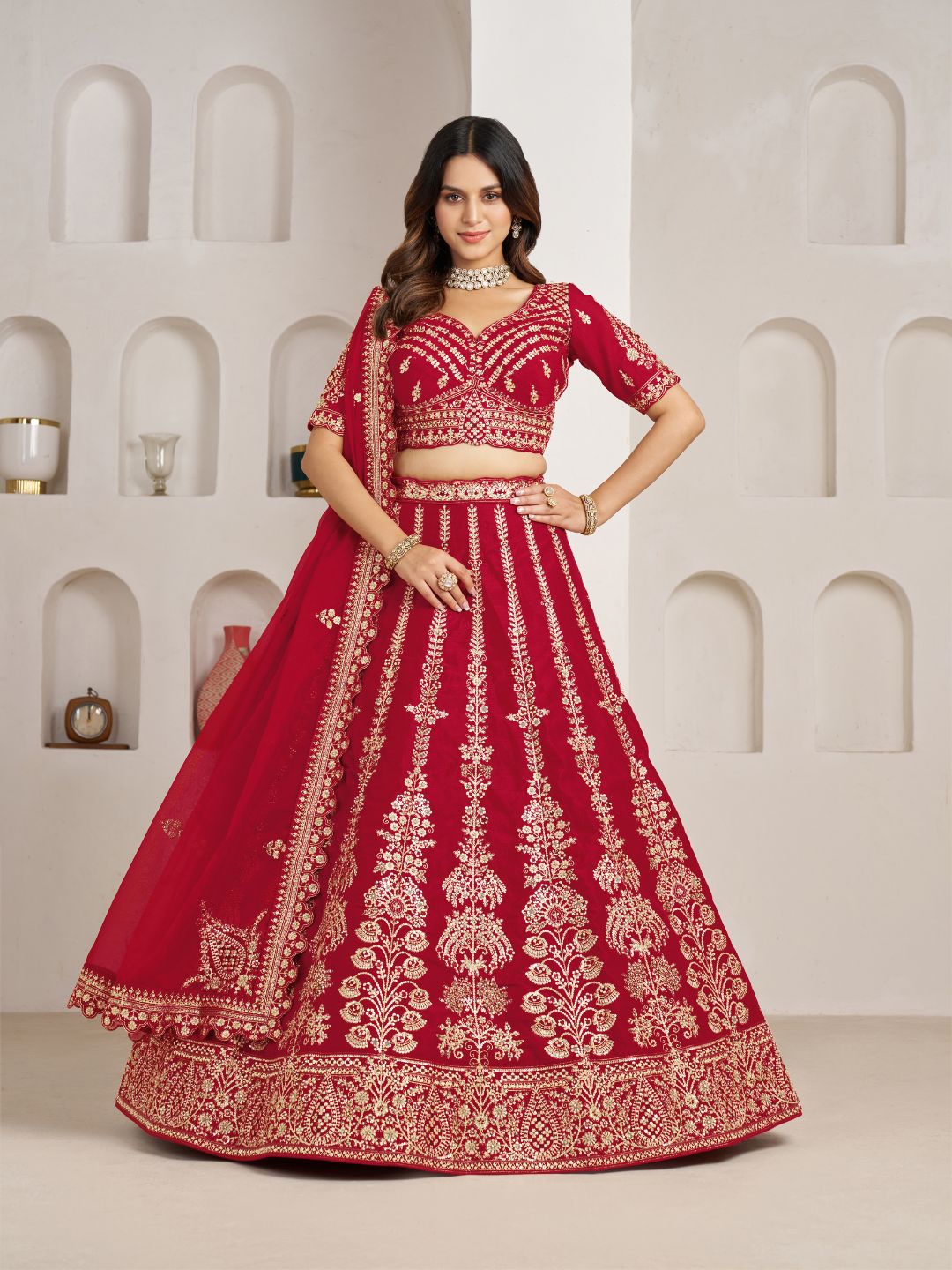 Red Wedding Lehenga Adorned with Floral Zari Embroidery
