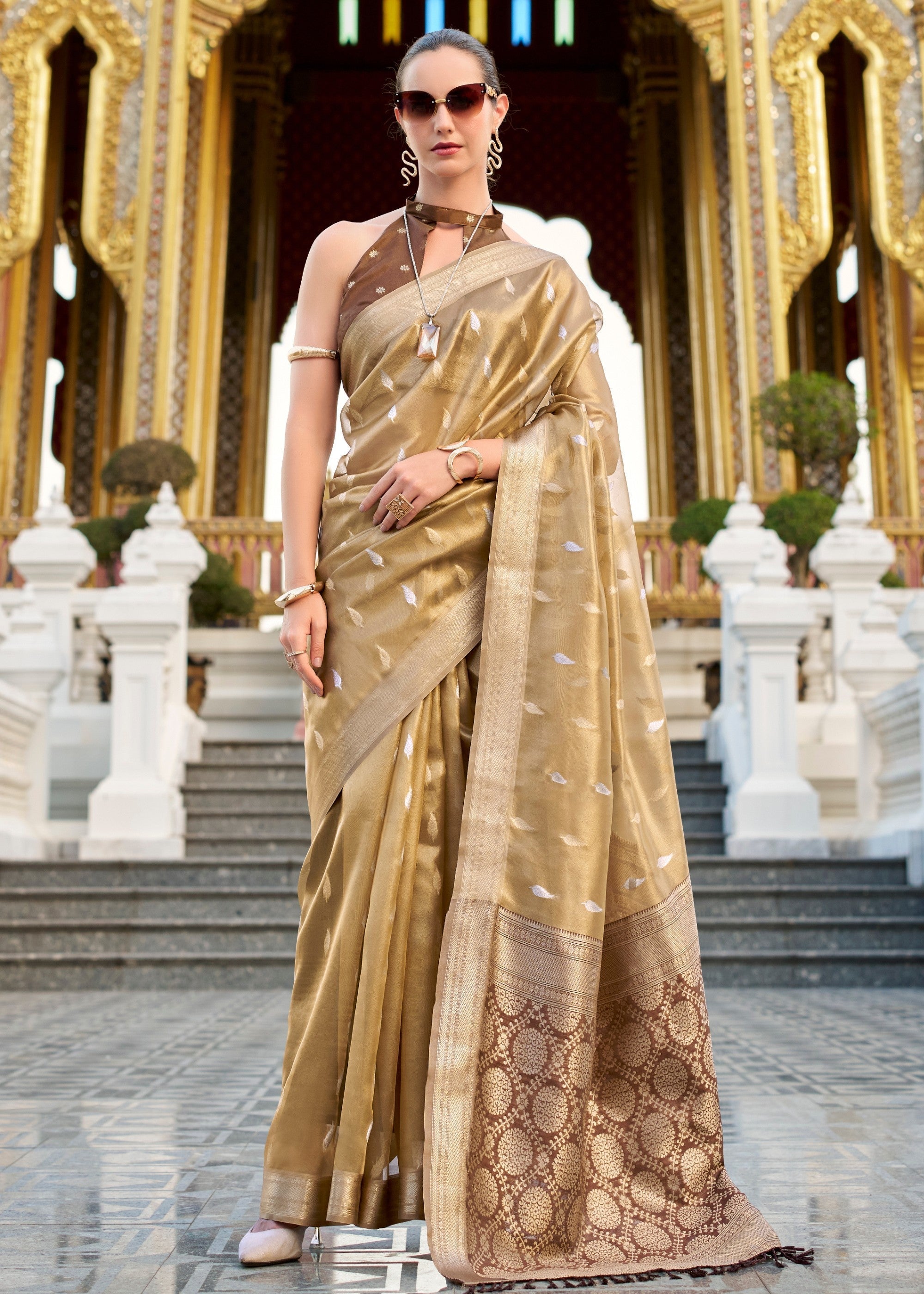 Golden Brown Tissue Silk Saree With Zari Weaving And Contrast Blouse - qivii