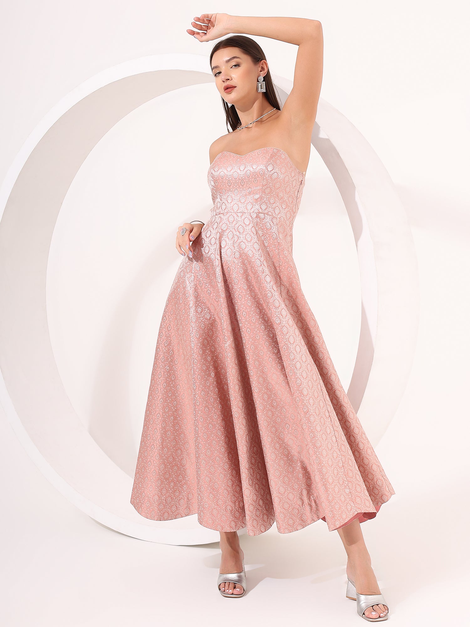 Peach Silver Brocade Anarkali Gown - qivii