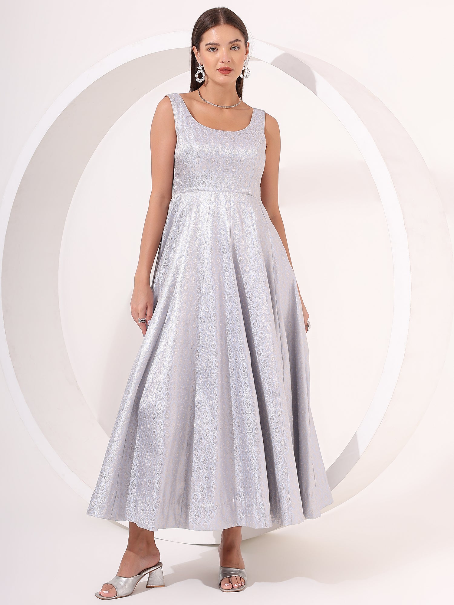 Powder Blue Silver Brocade Anarkali Gown - qivii