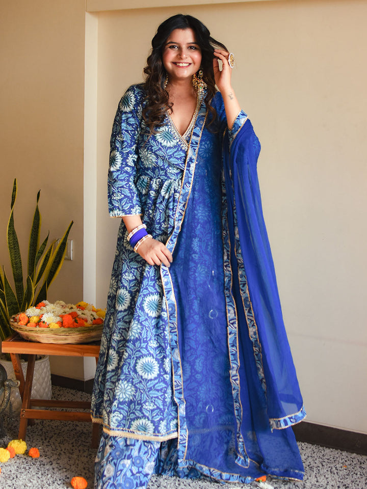 Blue Cotton Floral Block Print Kurta Palazzo Set  - By Janasya