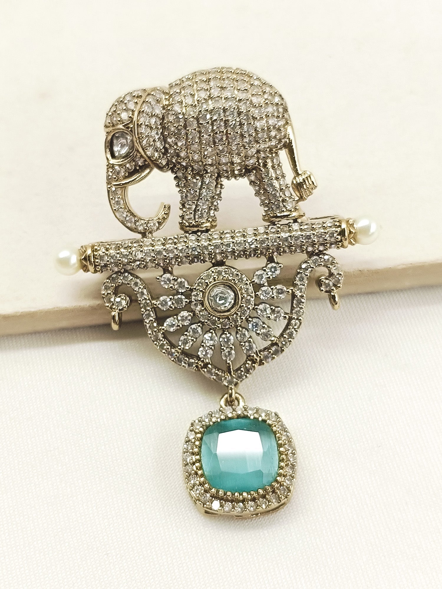 Rajavar Mint Green Elephant Brooch