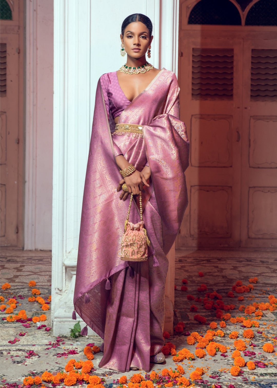 Fandango Pink Zari Woven Silk Saree with intricate floral patterns and gold accents