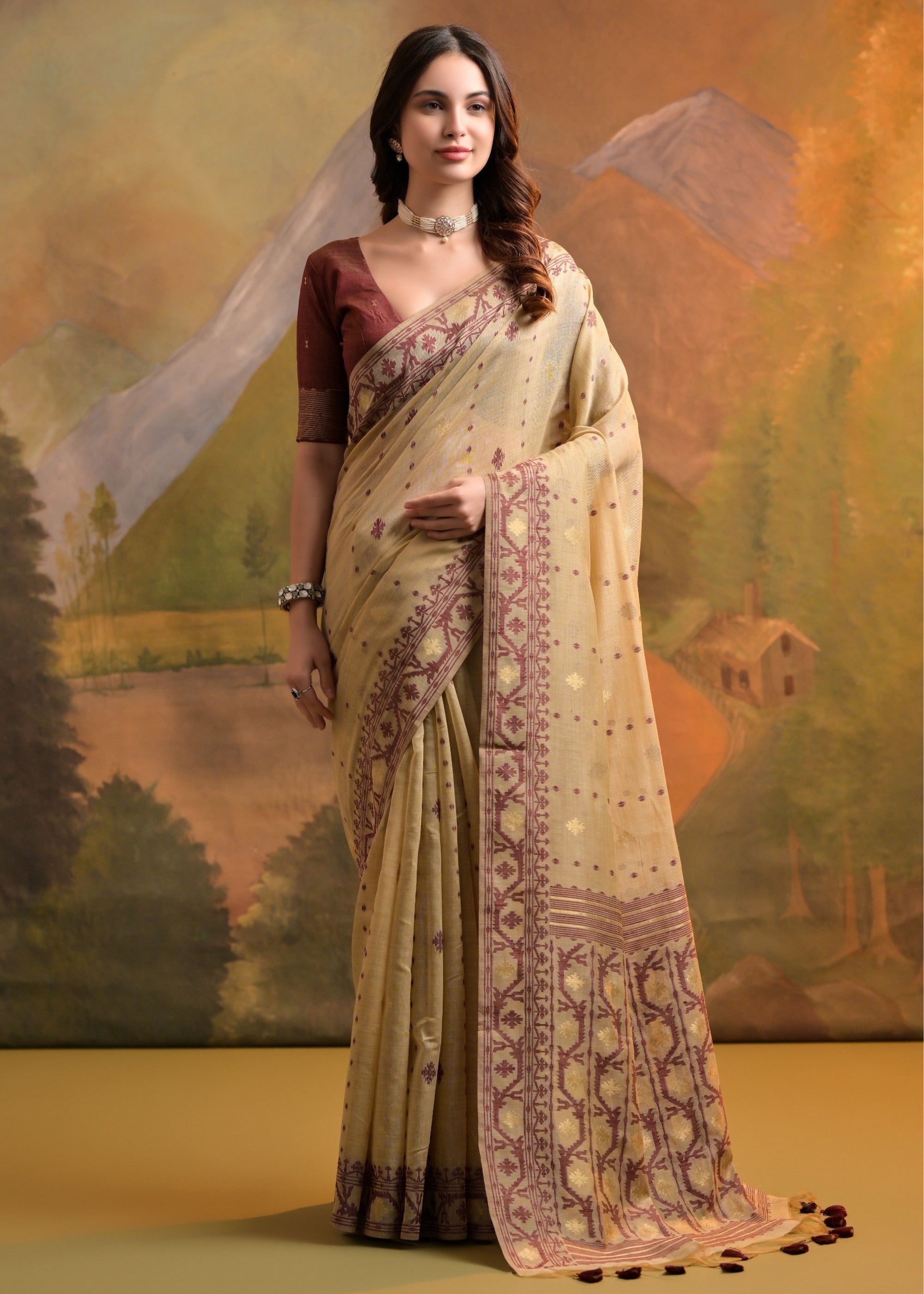 Tan Brown Thread Woven Cotton Saree With All Over Butti - qivii