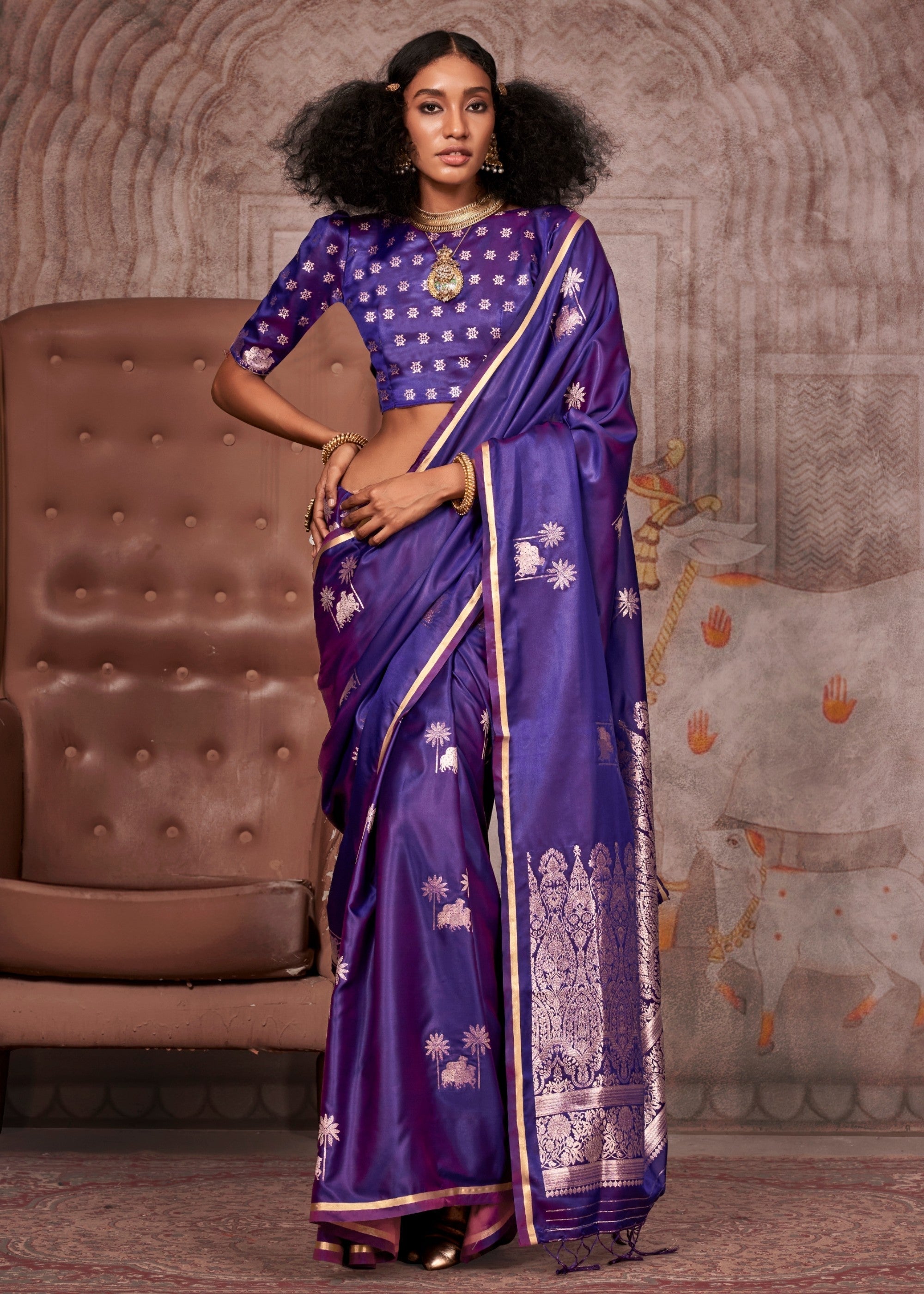 Purple Pure Satin Handloom Weaving Silk Saree - qivii