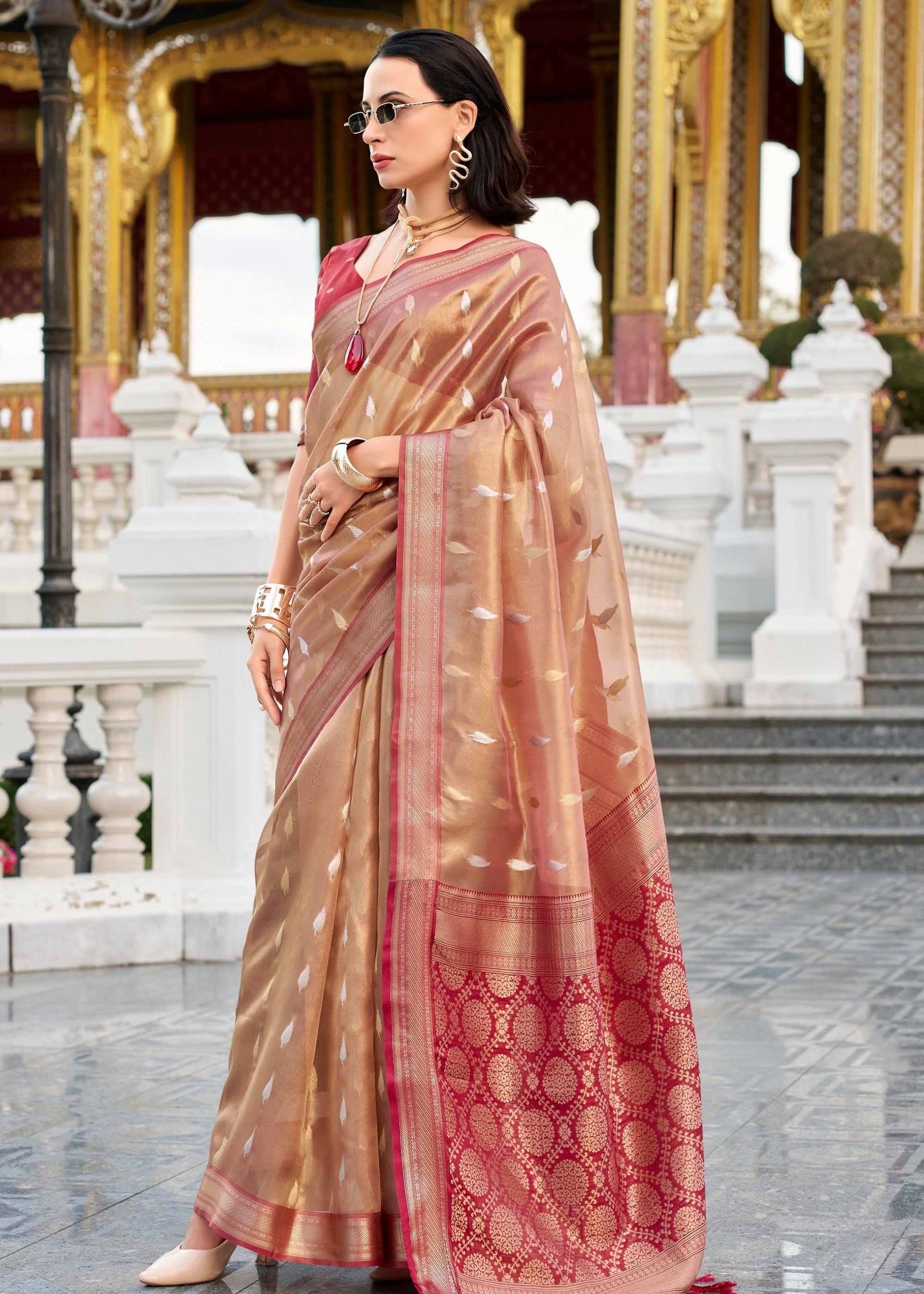 Shades of Red Tissue Silk Saree With Zari Weaving And Contrast Blouse - qivii