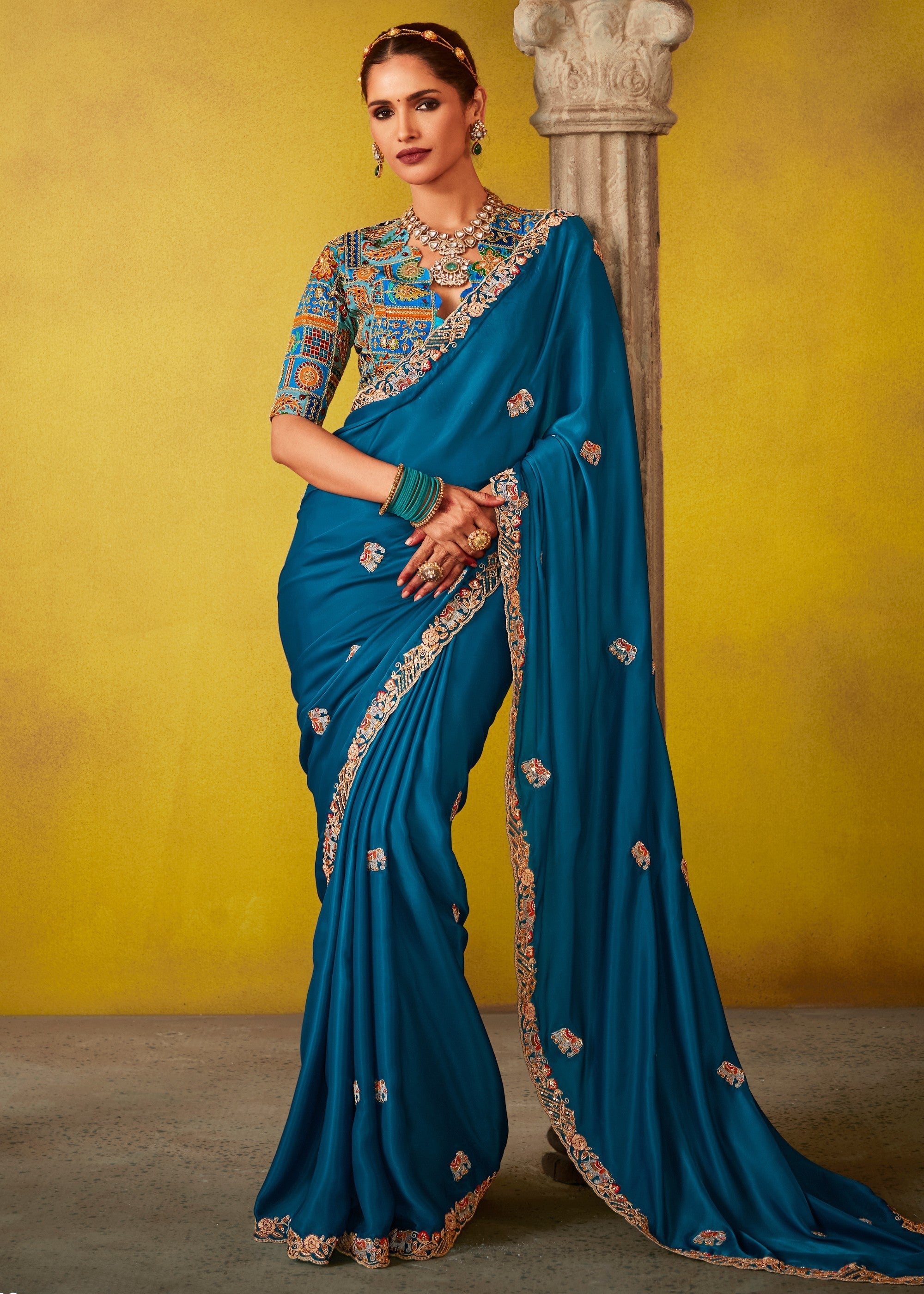 Teal Blue Glass Tissue Silk Saree With Sequins And Thread Embroidered Work - qivii