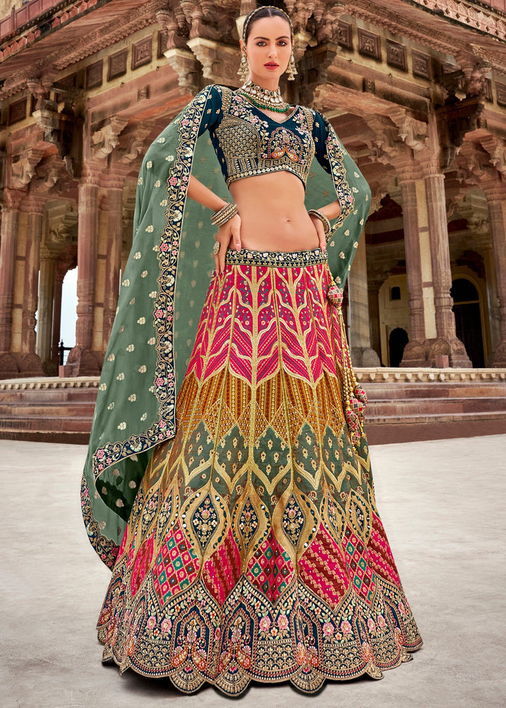 Pine Green & Blue Banarasi Silk Lehenga Choli with Zarkan, Sequence and Thread Work