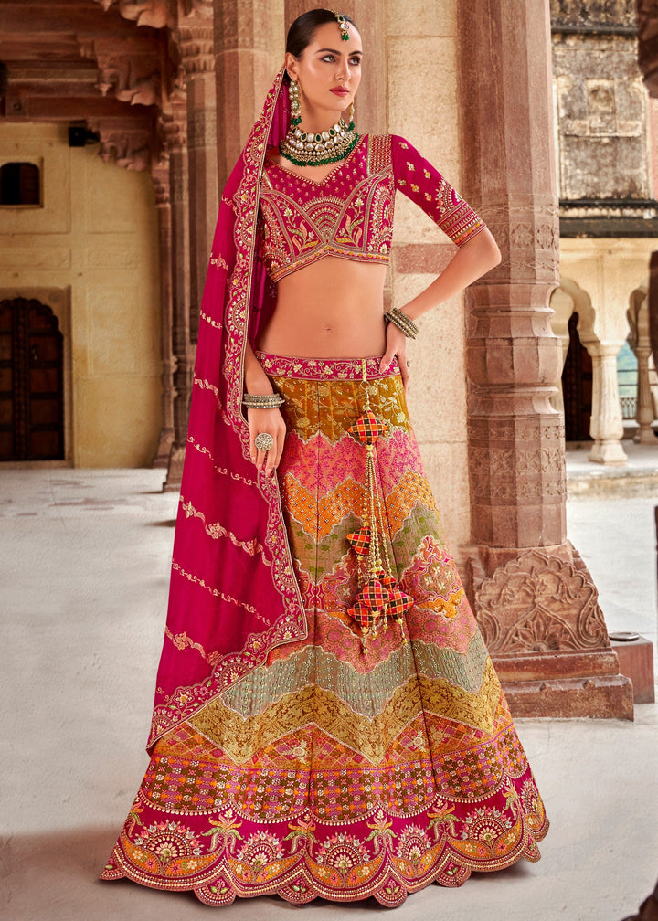 Shades of Pink Banarasi Silk Lehenga Choli with Zarkan, Sequence and Thread Work