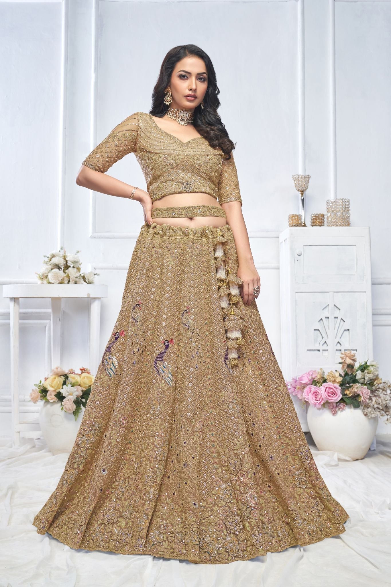 Graceful Brown Embroidered Bridal Wear Lehenga - qivii