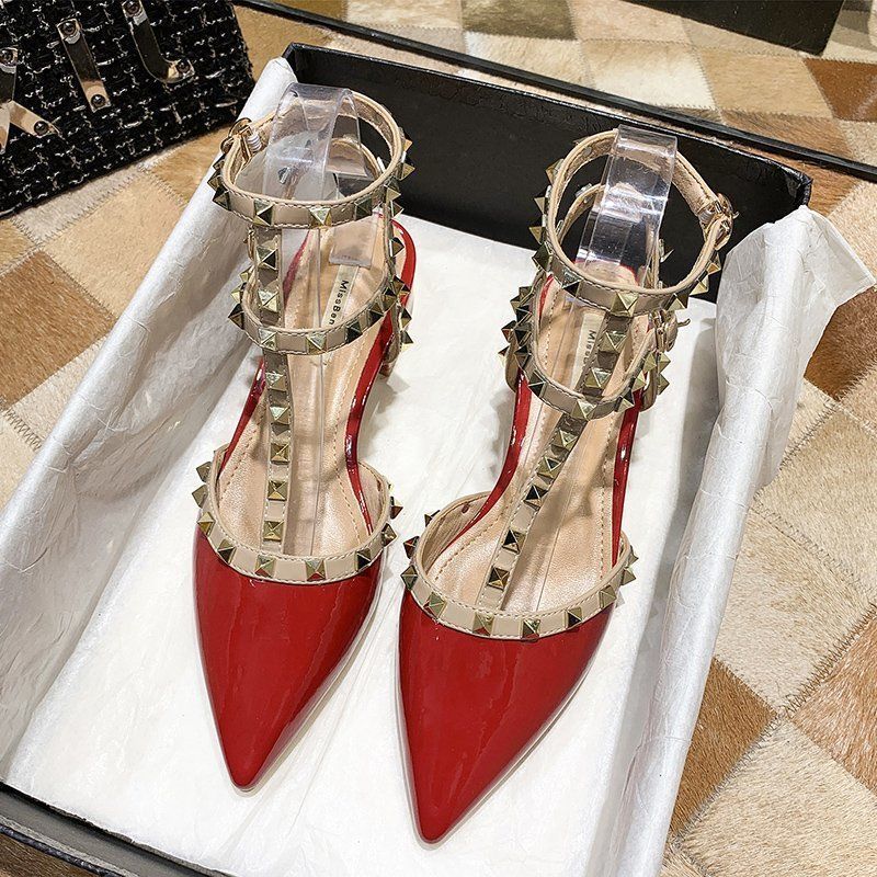 Women’s Studded Pointed Toe Low Heels – Chunky Rivet Sandals (US 4–8.5)