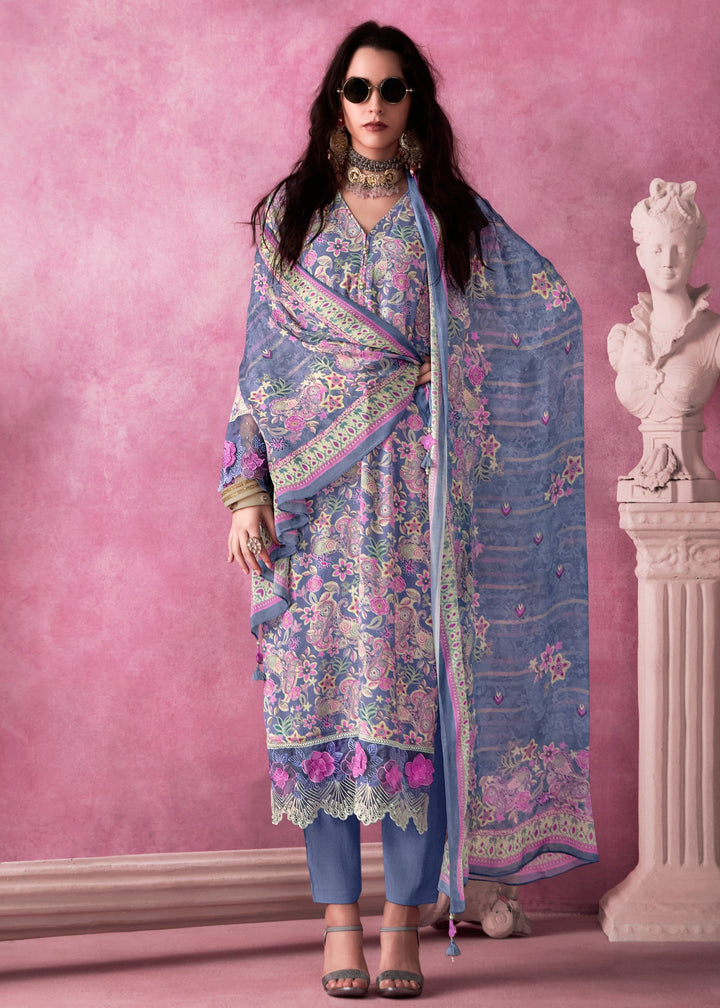 Light Voilet Pure Muslin Salwar Suit for Women with Embroidered Dupatta