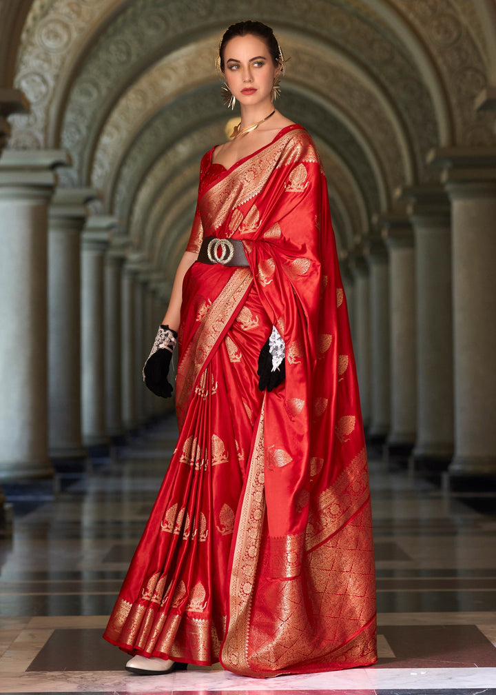 Candy Red Satin Mungha Silk Saree