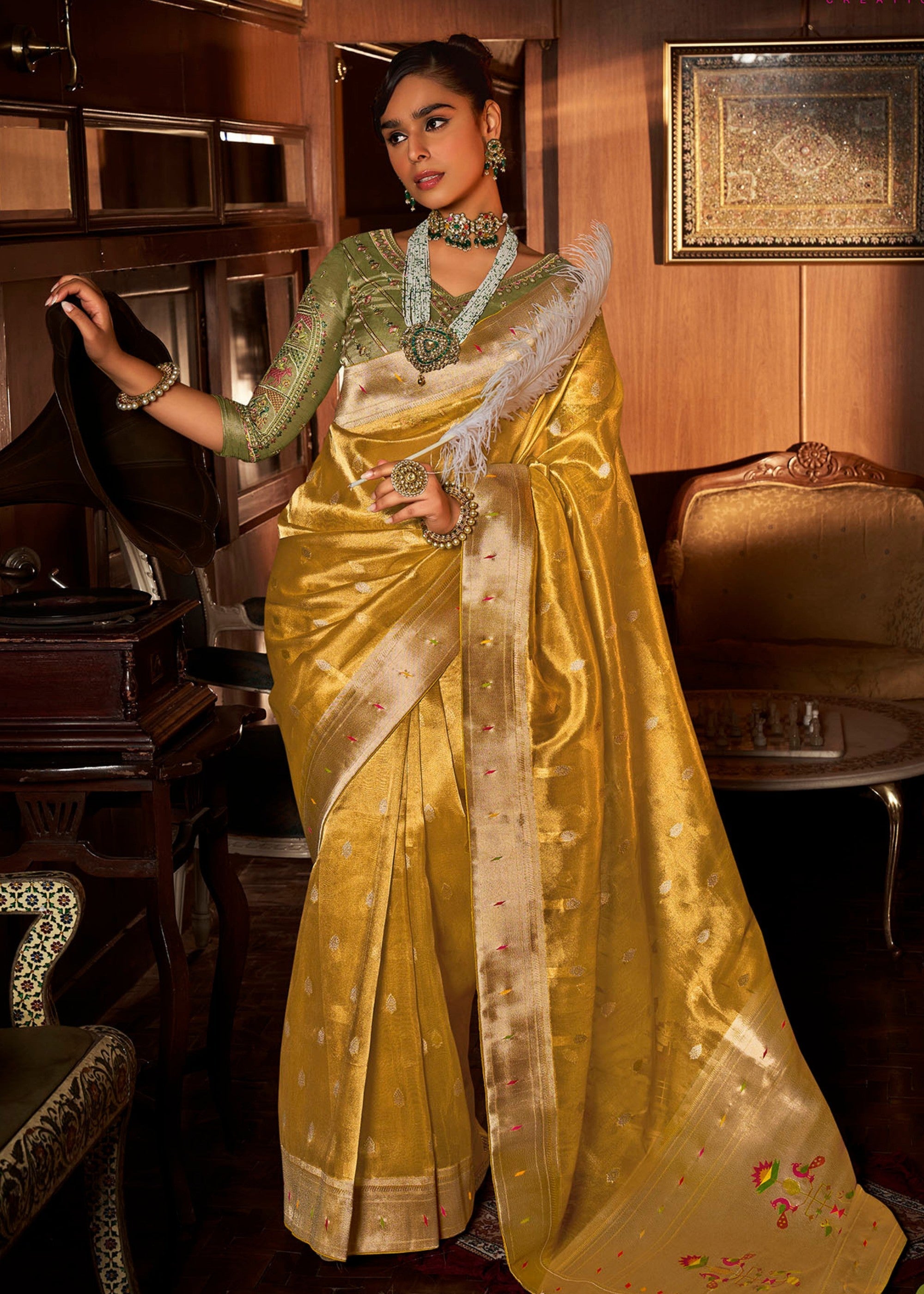Canary Yellow Pure Tissue Paithani Silk Saree with Heavy Designer Embroidered Blouse - qivii