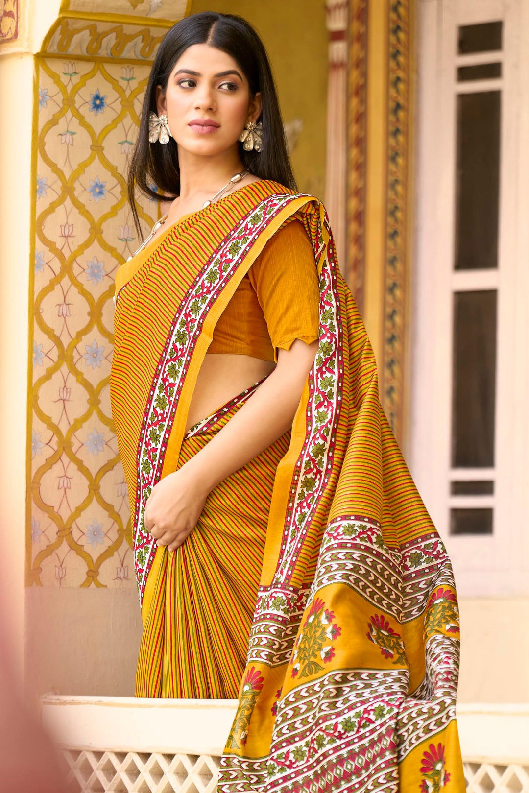 Neon Carrot Yellow Handblock Printed Saree