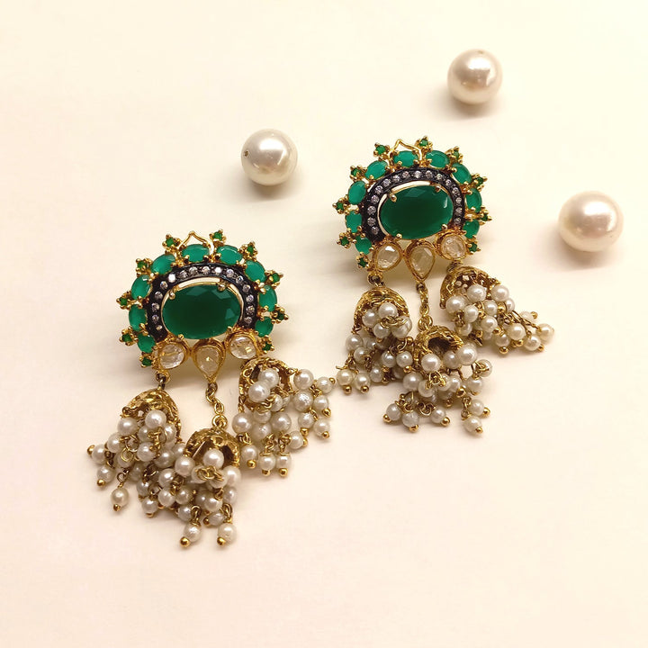 Poonam Green Emerald Stoned American Diamond Jhumki