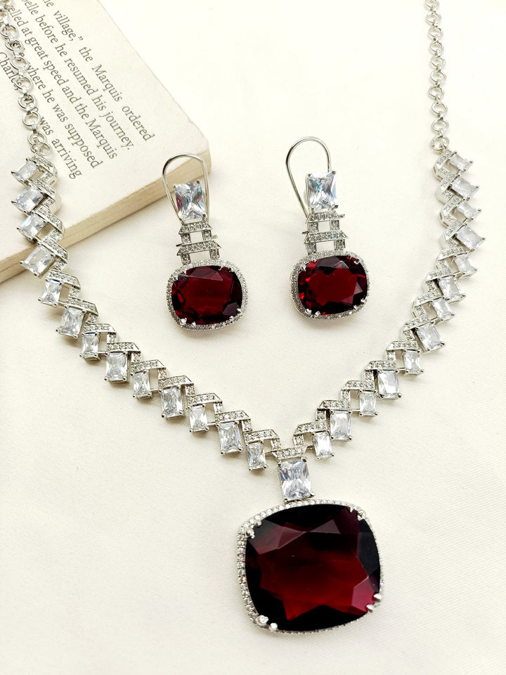 Trishna Maroon American Diamond Necklace Set