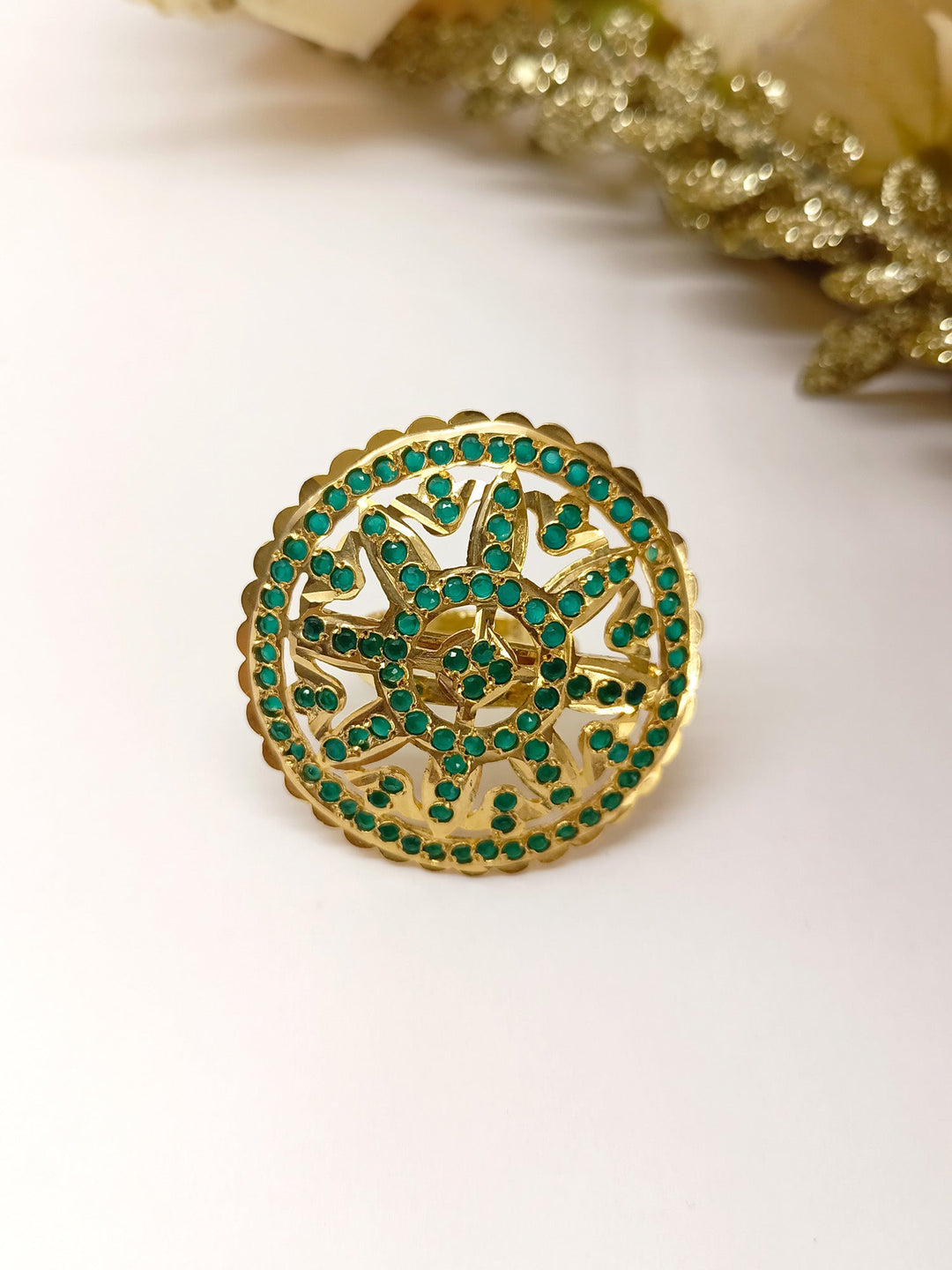  Elegant Handcrafted Devangi Green Jadau Finger Ring with Exquisite Gemstones