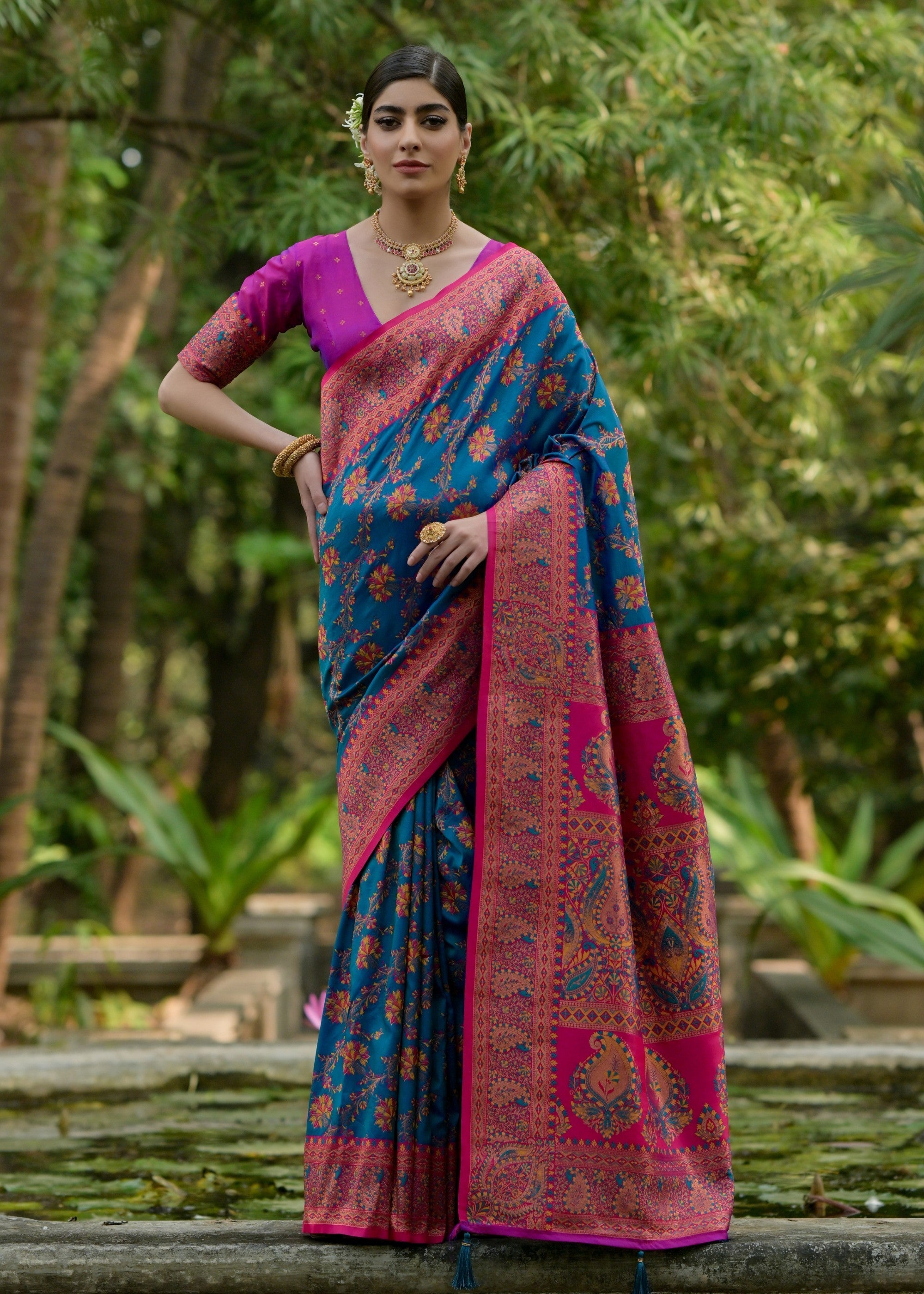 Aegean Blue Thread Woven Pashmina Silk Saree With Heavy Thread Woven Pallu - qivii