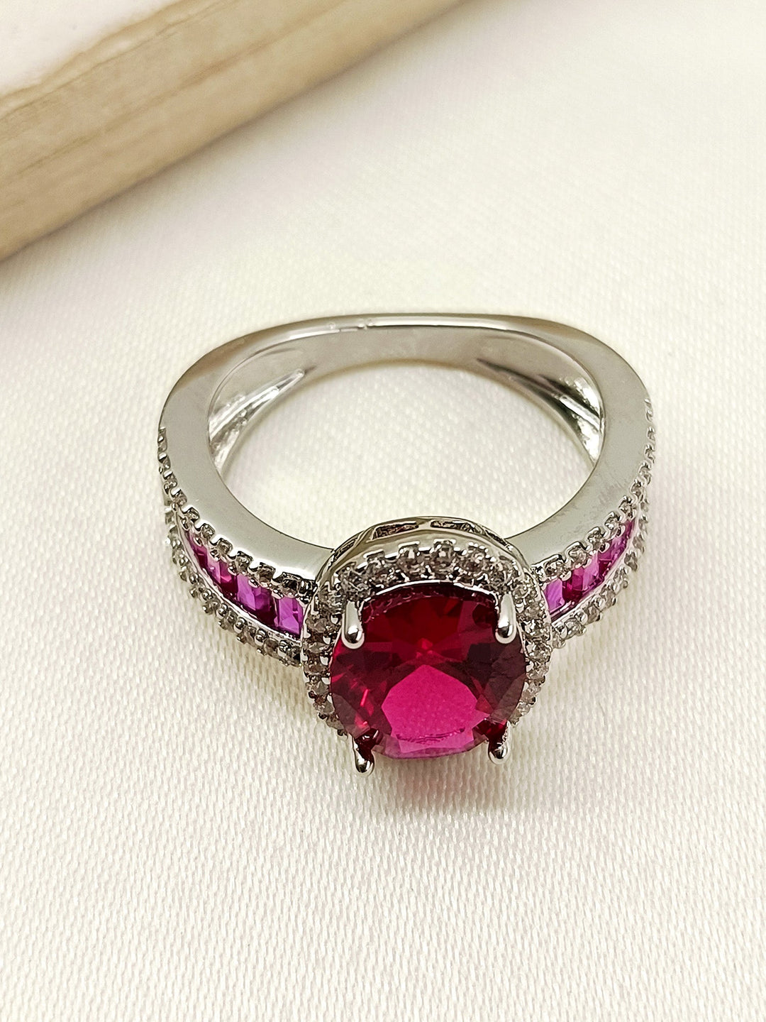 Bakti Ruby American Diamond Finger Ring with 18k Gold Plating and Intricate Design