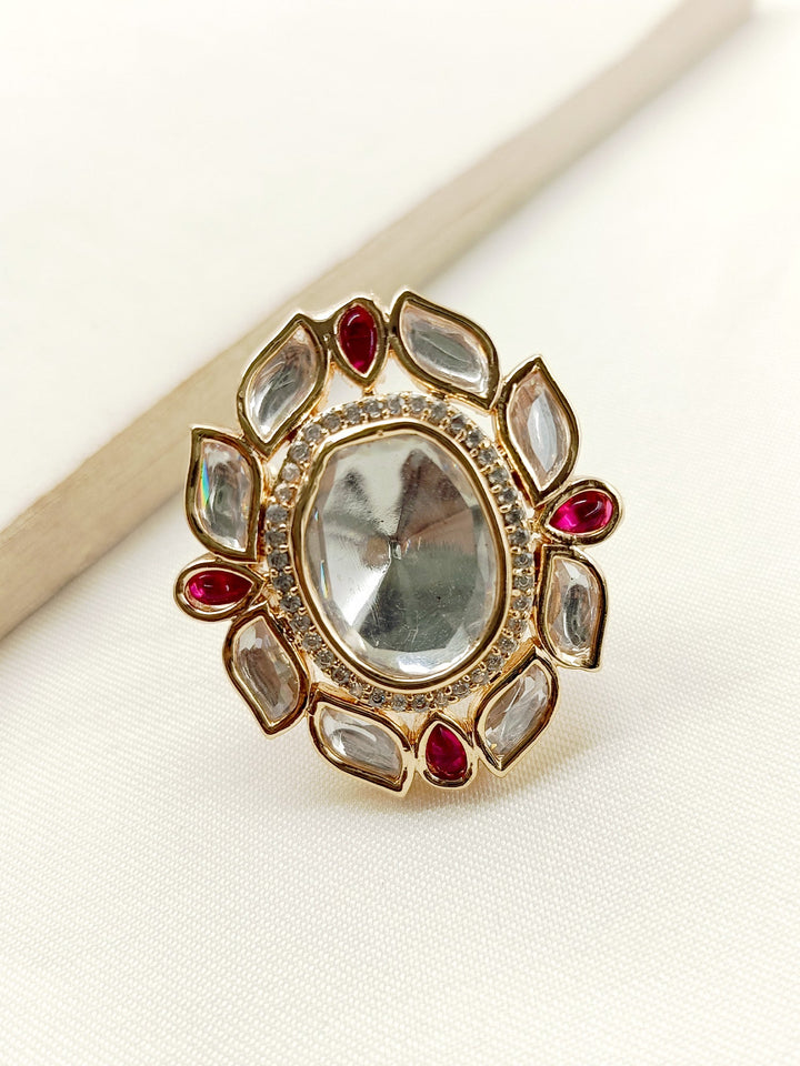 Beautiful Shibu Rose Pink Kundan Finger Ring with Intricate Design and Sparkling Gems