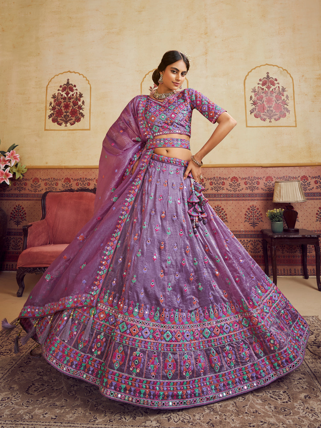Lavender Color Organza Fabric Sequins embroidery Lehenga choli & Dupatta - qivii