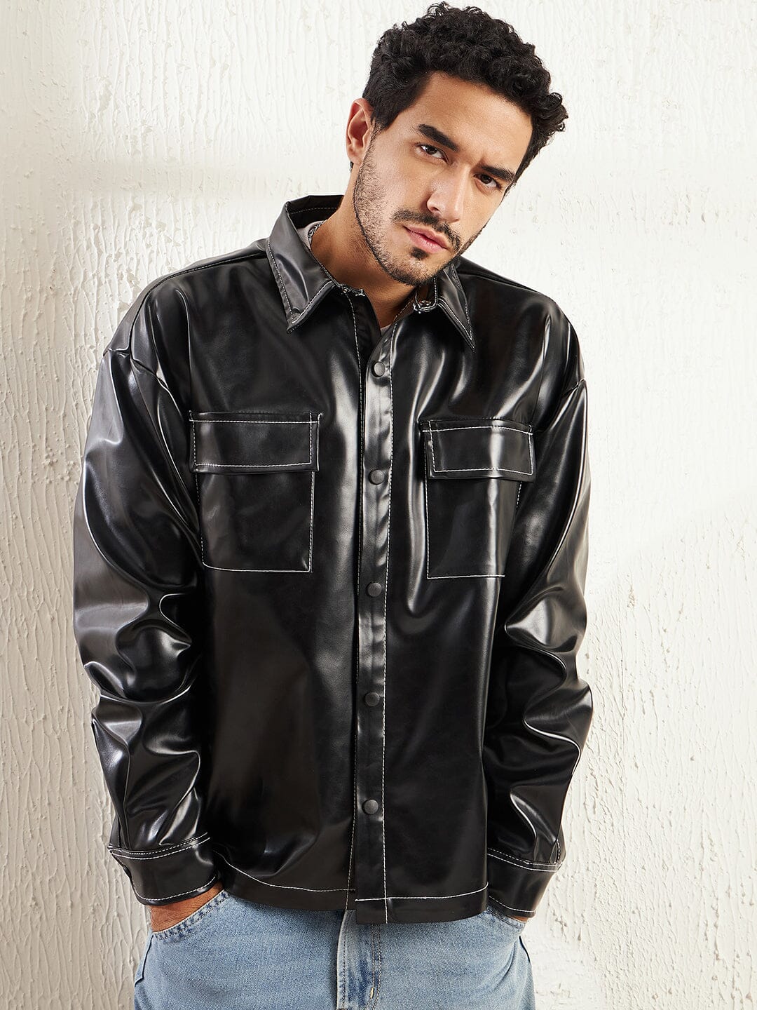 Black Contrast Stitch Pu OverShirt - qivii