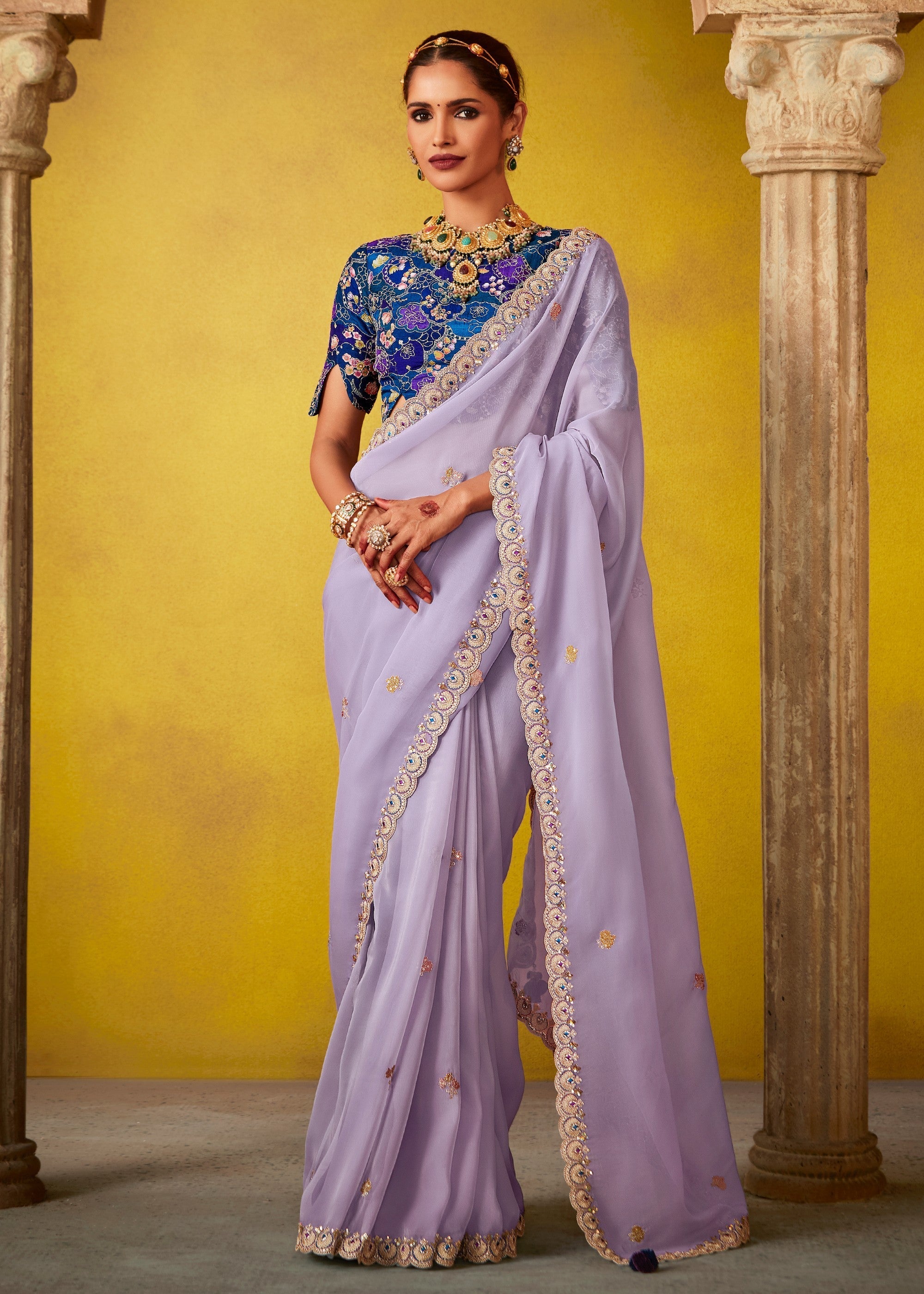 Mauve Purple Glass Tissue Silk Saree With Sequins And Thread Embroidered Work - qivii