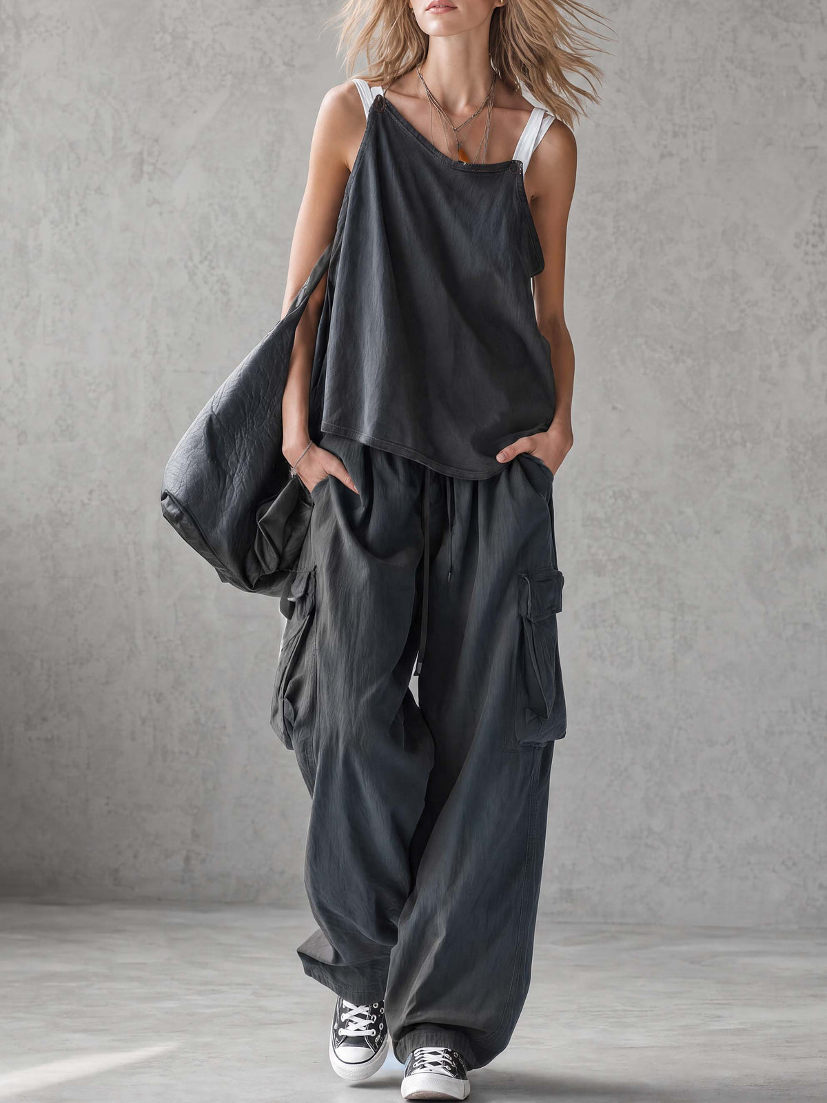 Exquisite Casual Workwear-inspired Dark Blue Cotton Off-the-shoulder Tank Top And Pants Set  - By Qivii