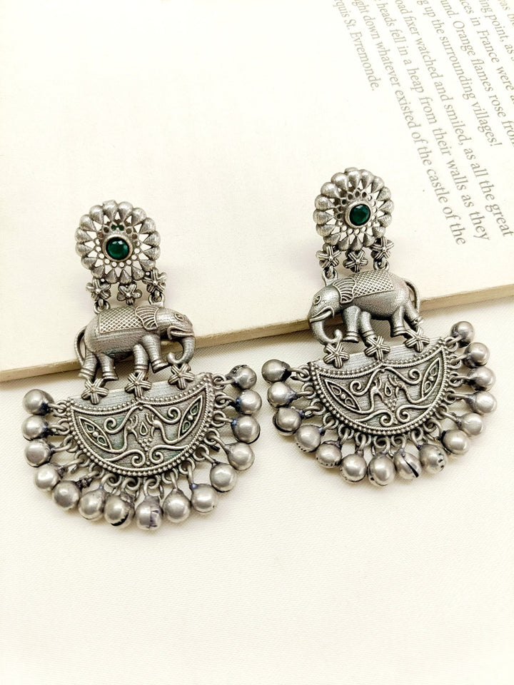 Dhvajee Green Elephant Oxidized Earrings