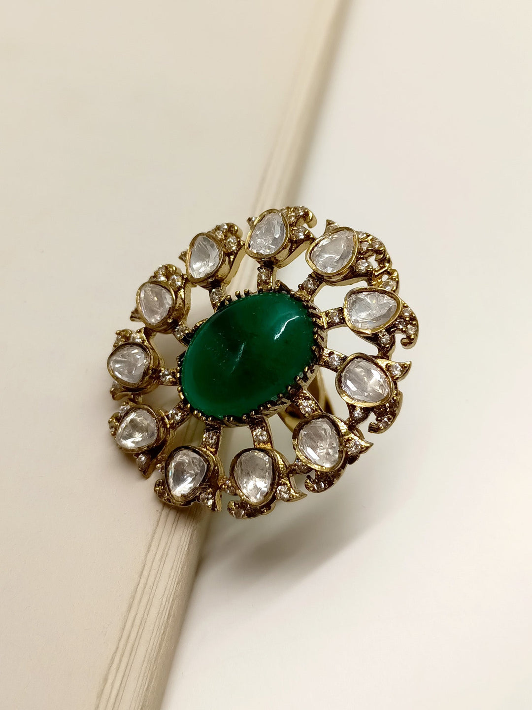 Beautiful Vydika Green Victorian Finger Ring with intricate floral design and emerald green stone