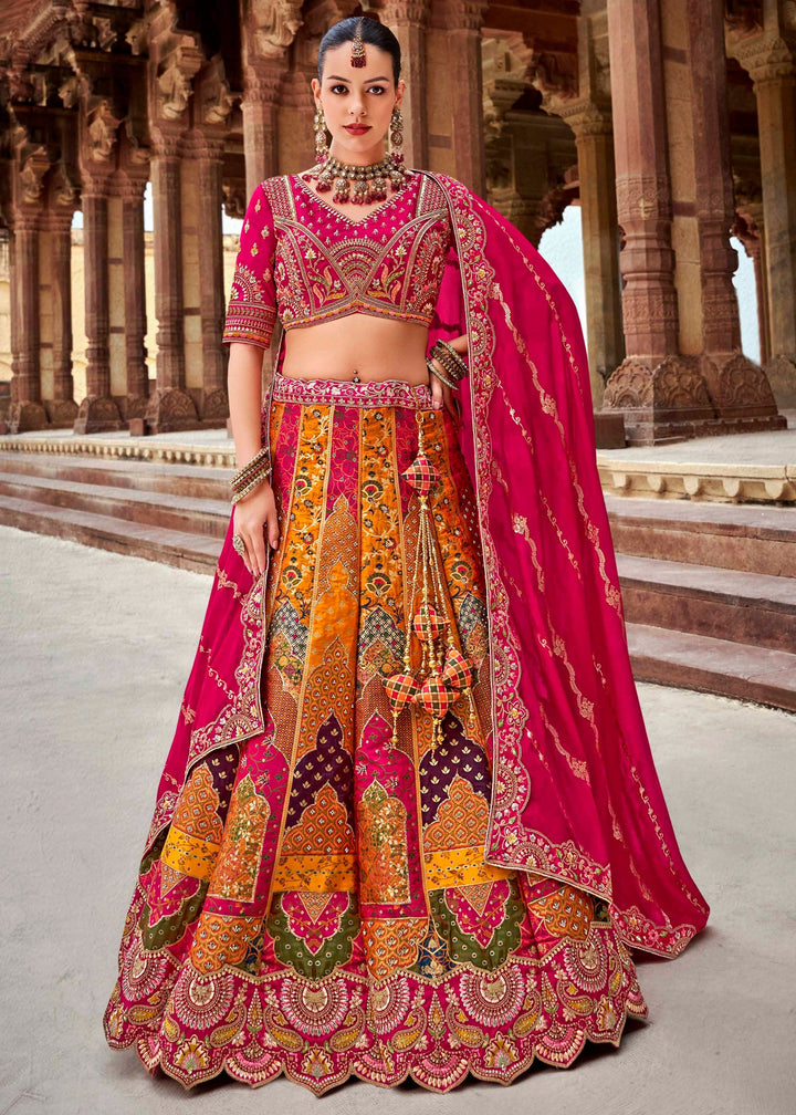 Tangerine Orange & Pink Banarasi Silk Lehenga Choli with Zarkan, Sequence and Thread Work