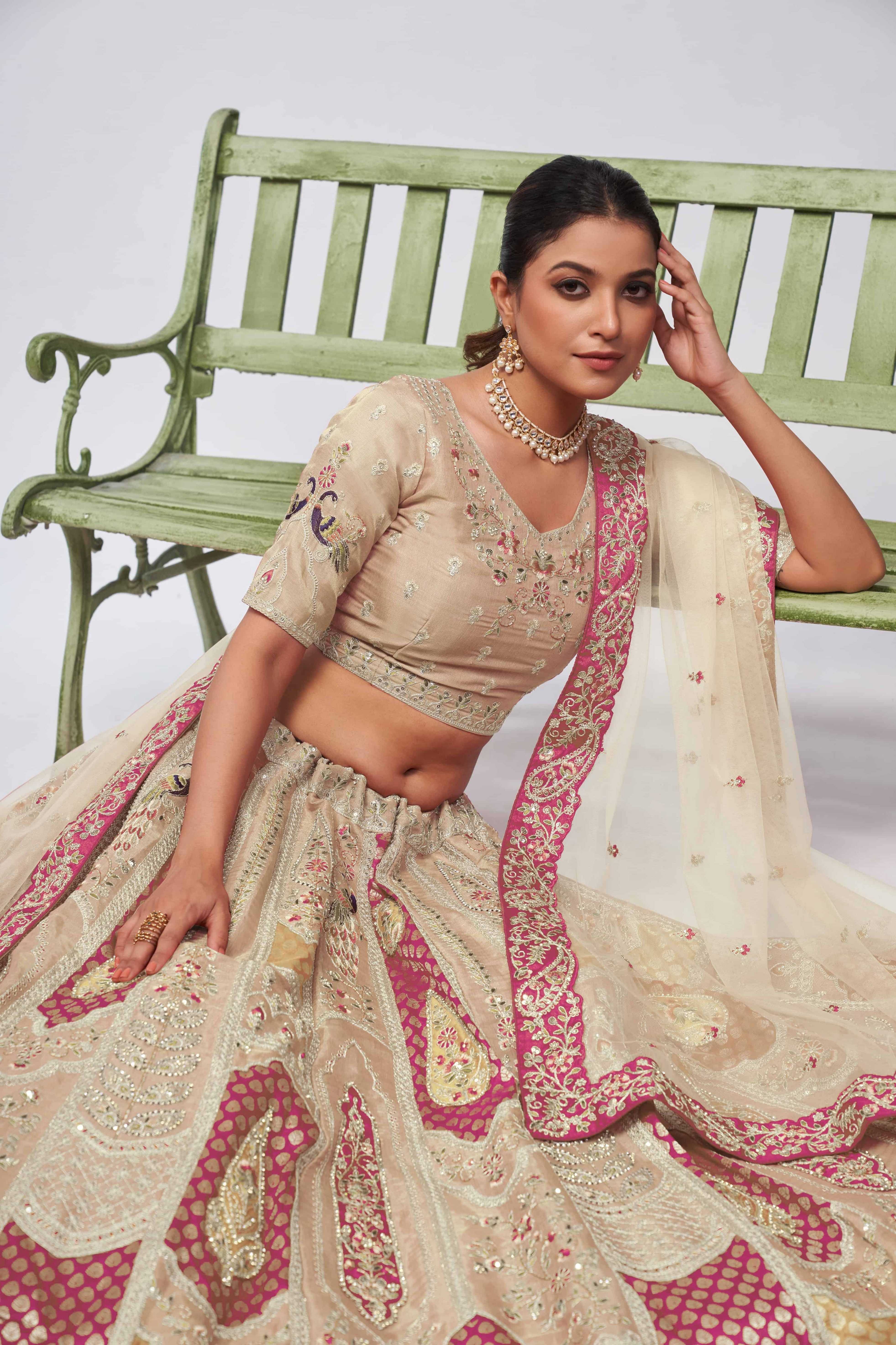 Bright Cream Bridal Lehenga Choli Set with Paisley & Peacock Embroidery - qivii