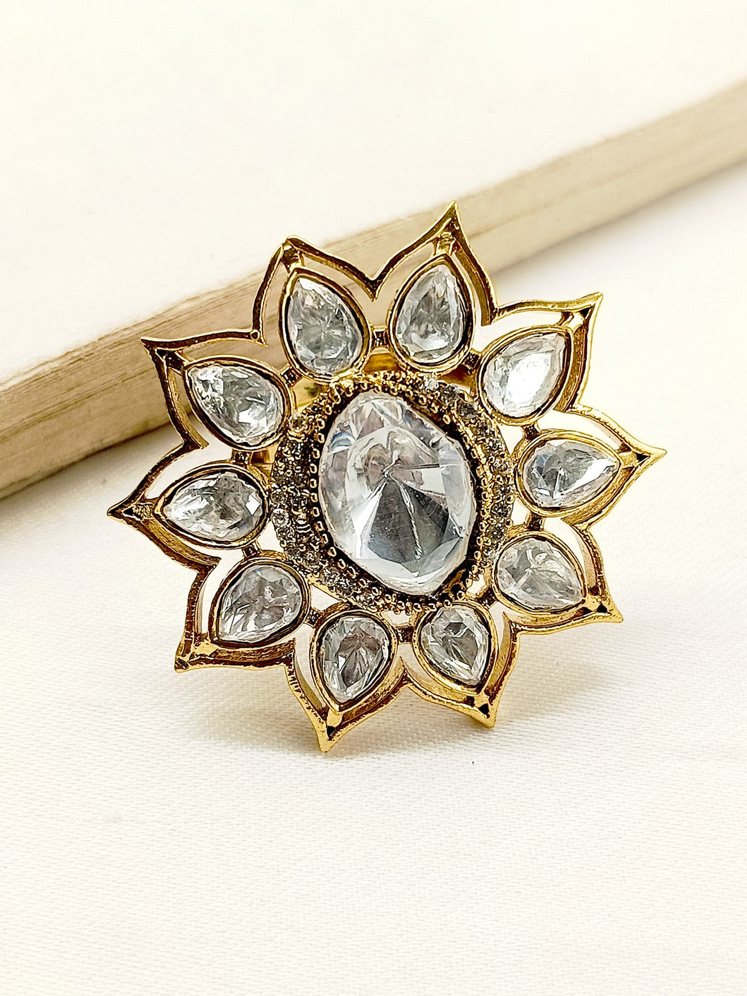 Lavni White Kundan Finger Ring with Intricate Floral Design and Sparkling Gemstones