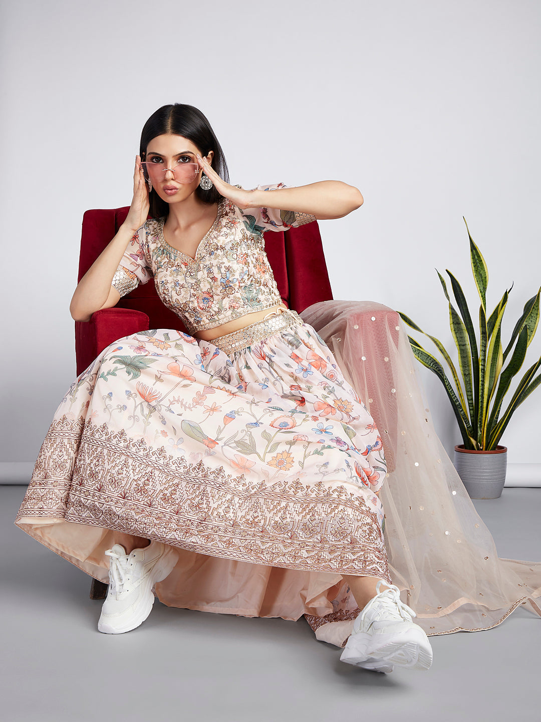 Cream Organza Floral Digital Print Stitched Lehenga choli - qivii