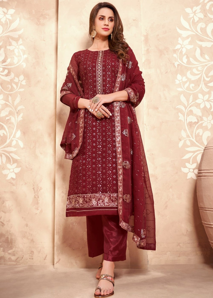 Maroon Red Georgette Salwar Suit with Thread & Sequence Embroidery work By Qivii