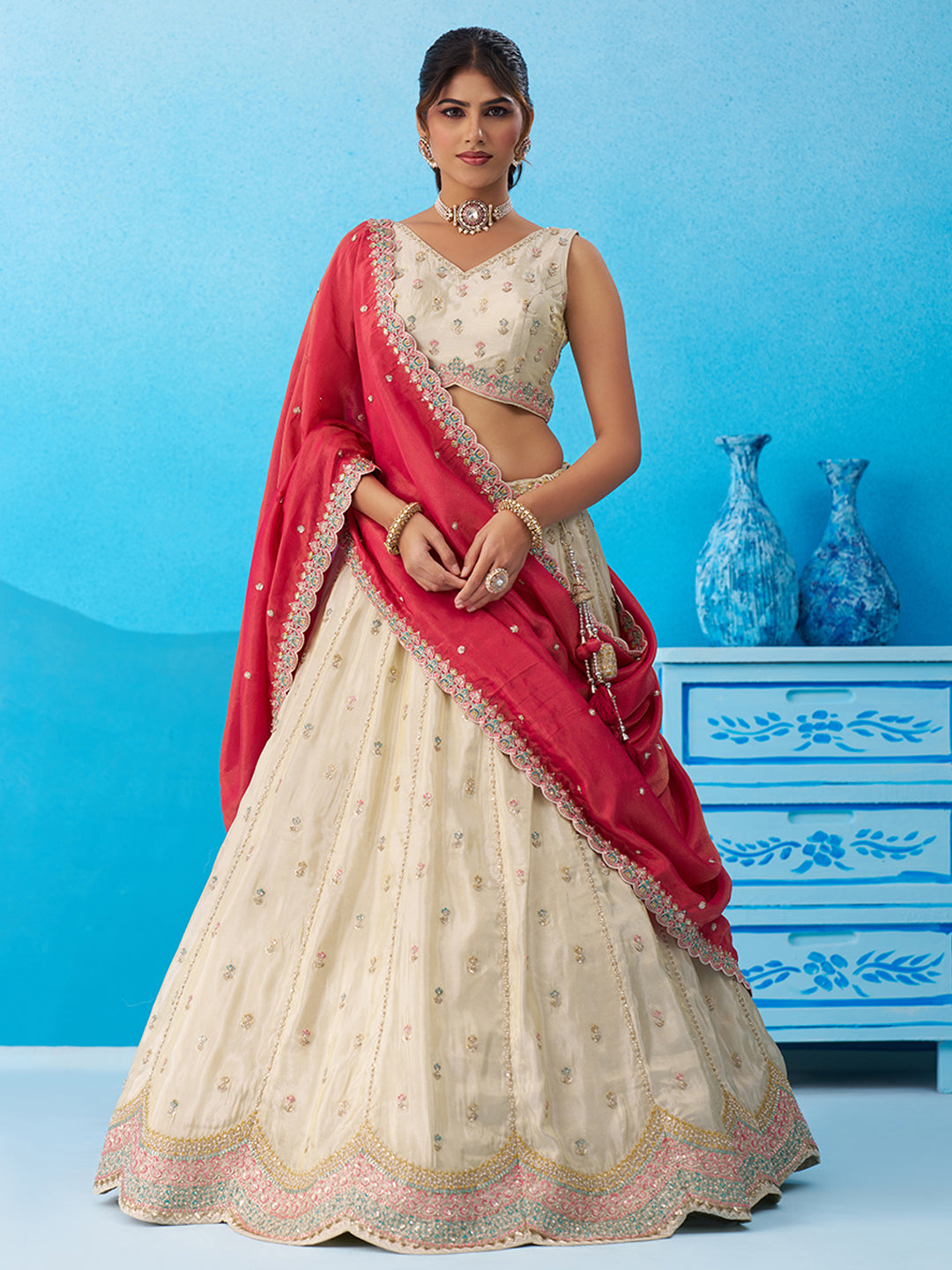 Pink Tissue Sequins Embroidered Lehenga Set