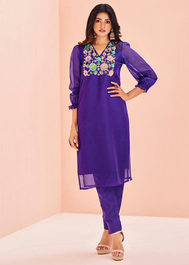 Vibrant Purple Organza Handwork Kurta with Pant